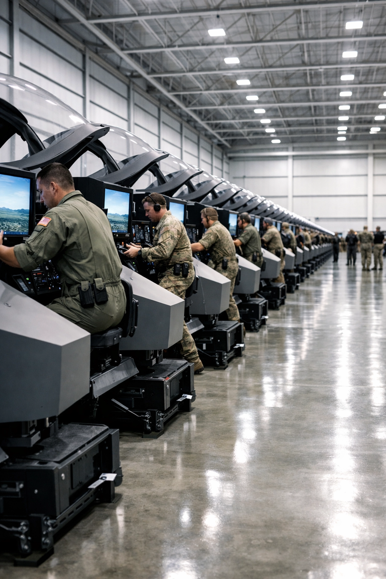 Military technicians deploying portable flight simulators for a National Guard recruitment event in a hangar.