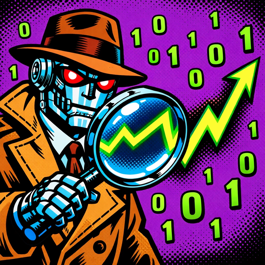 AI robot detective analyzing data trends to help automate customer support and catch business issues early.