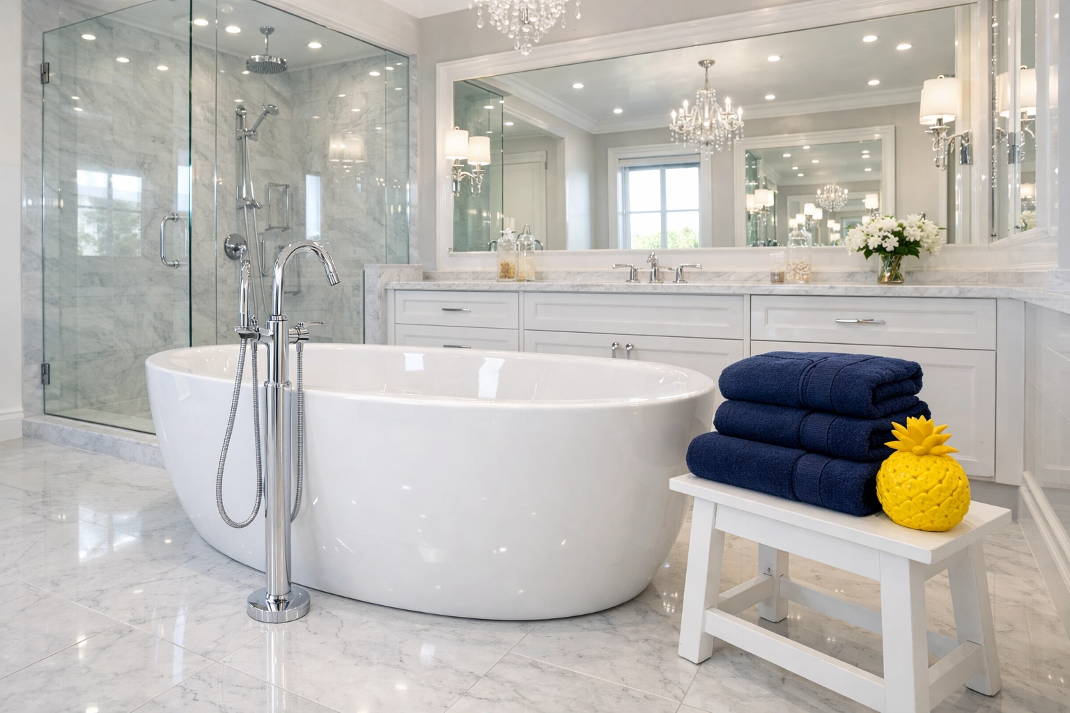 Sparkling clean luxury bathroom showing the results of Yarmouth Port house cleaning.