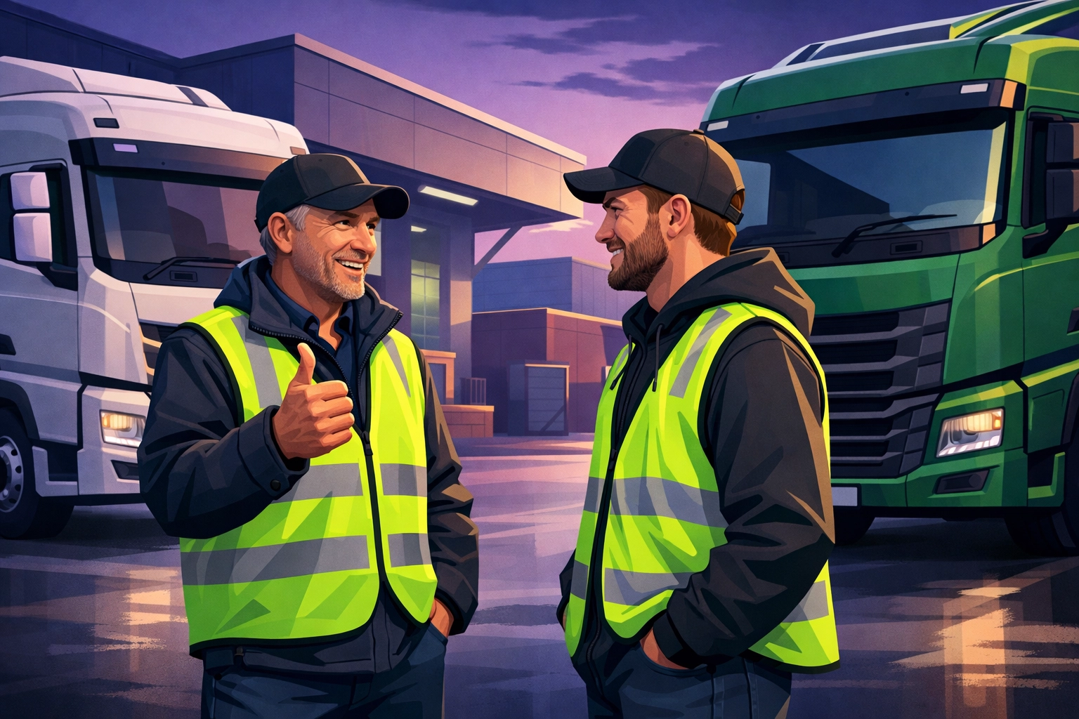 Two HGV drivers discussing agency recommendations at depot yard