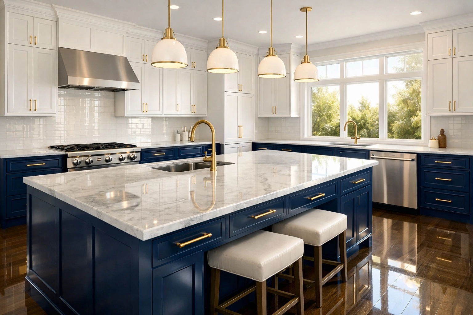 A spotless, professionally cleaned luxury kitchen with blue cabinets and a gleaming integrated dishwasher.