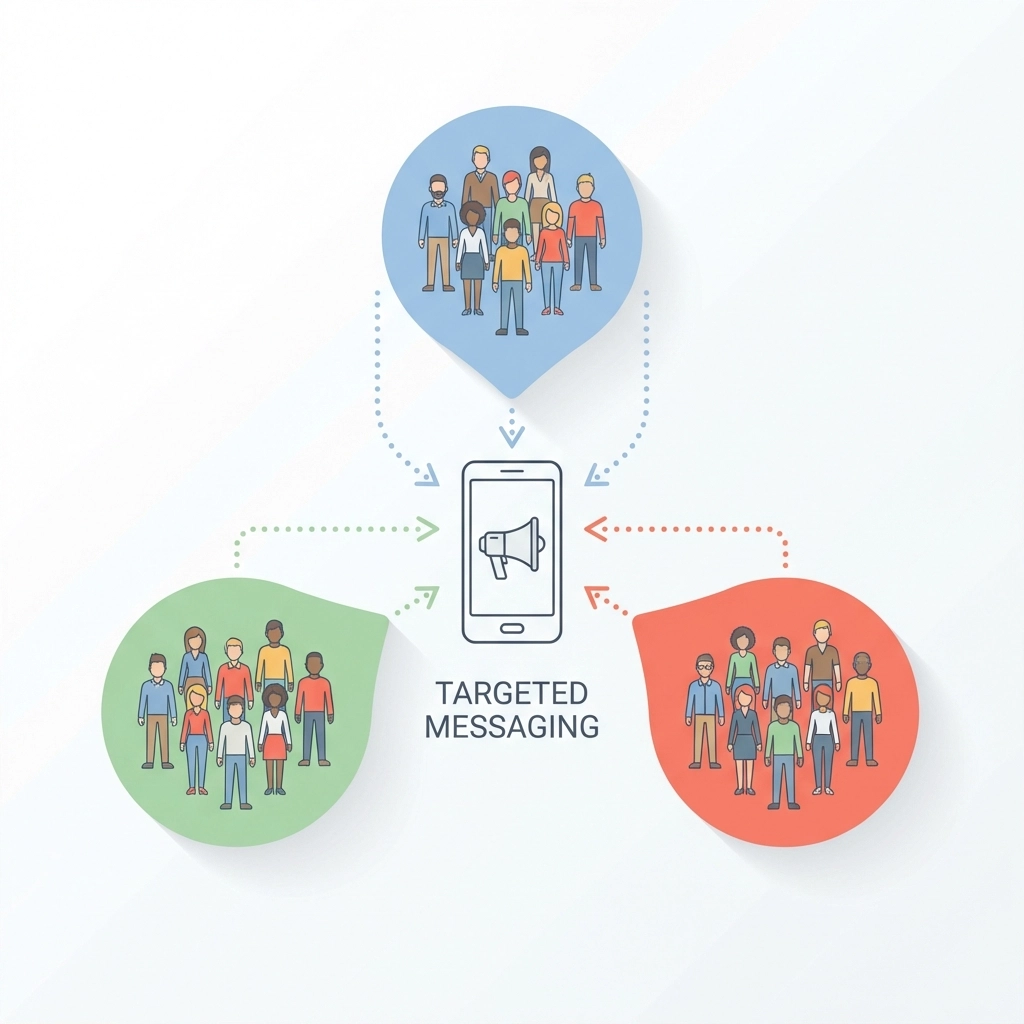 Illustration of segmented audience groups connected to a smartphone, showing MMS marketing segmentation.