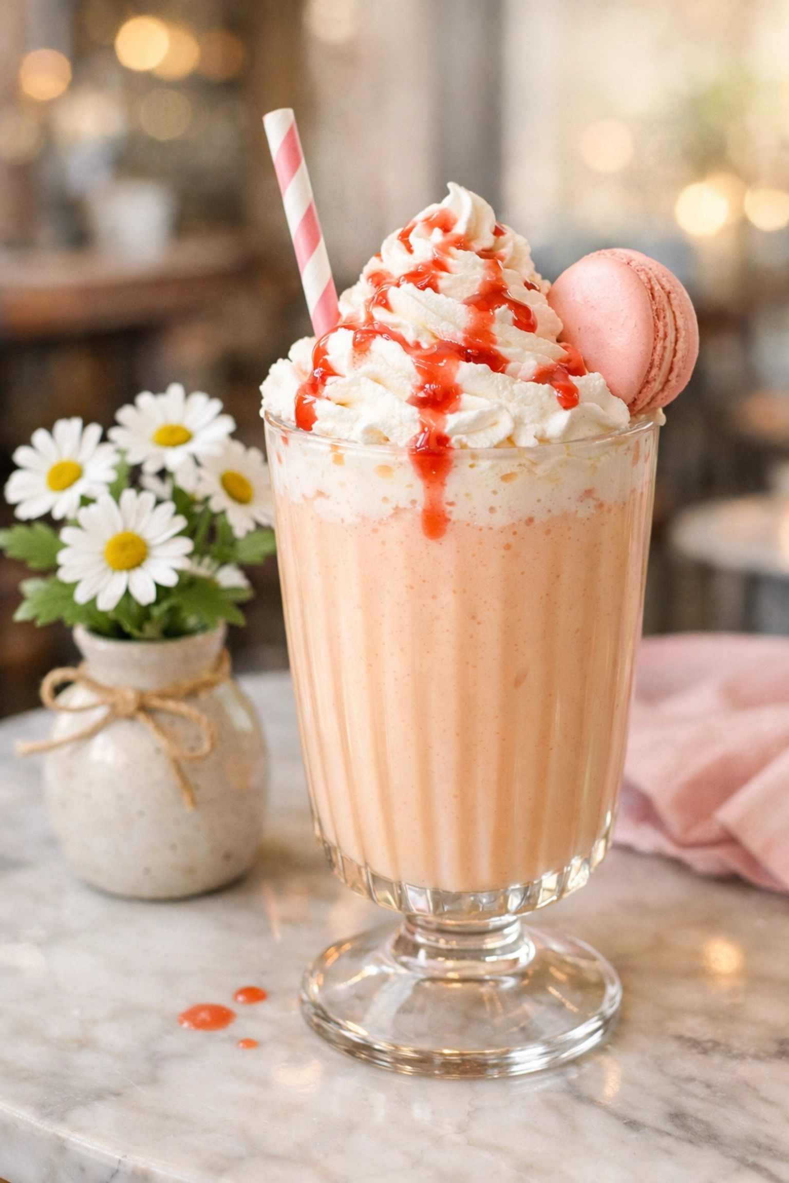 A thick, creamy peach milkshake with a macaron, served at Little Dreams Cafe in Felixstowe.