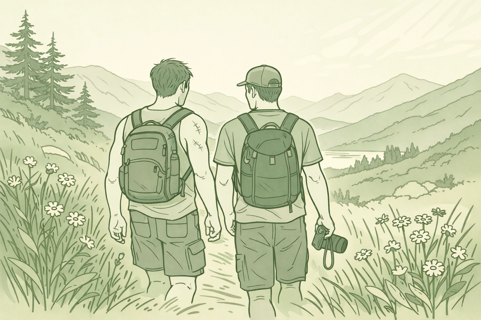 Gay couple hiking together on naturist trail, healing through nature and companionship