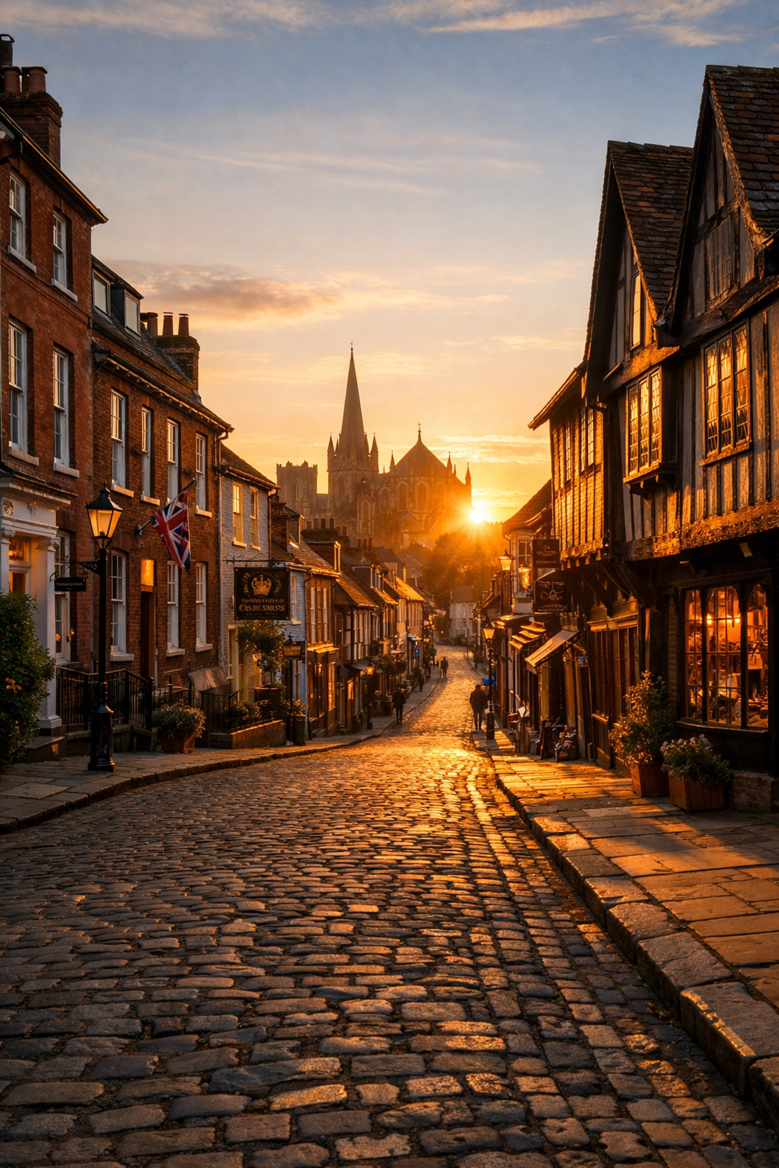 Historic street in West Sussex featuring Georgian townhouses and heritage architecture.