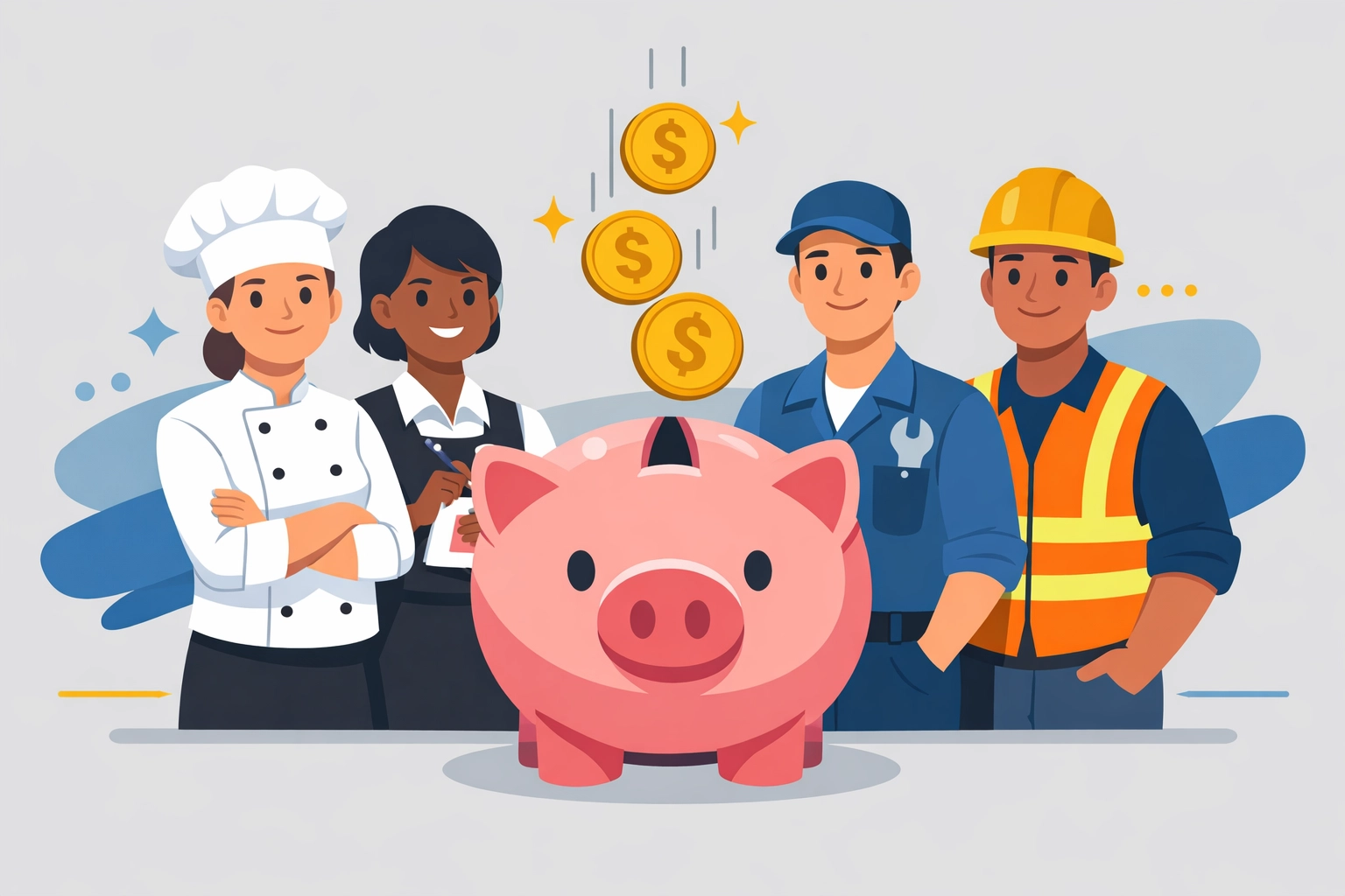 Diverse workers saving money with professional tax planning for tips and overtime.