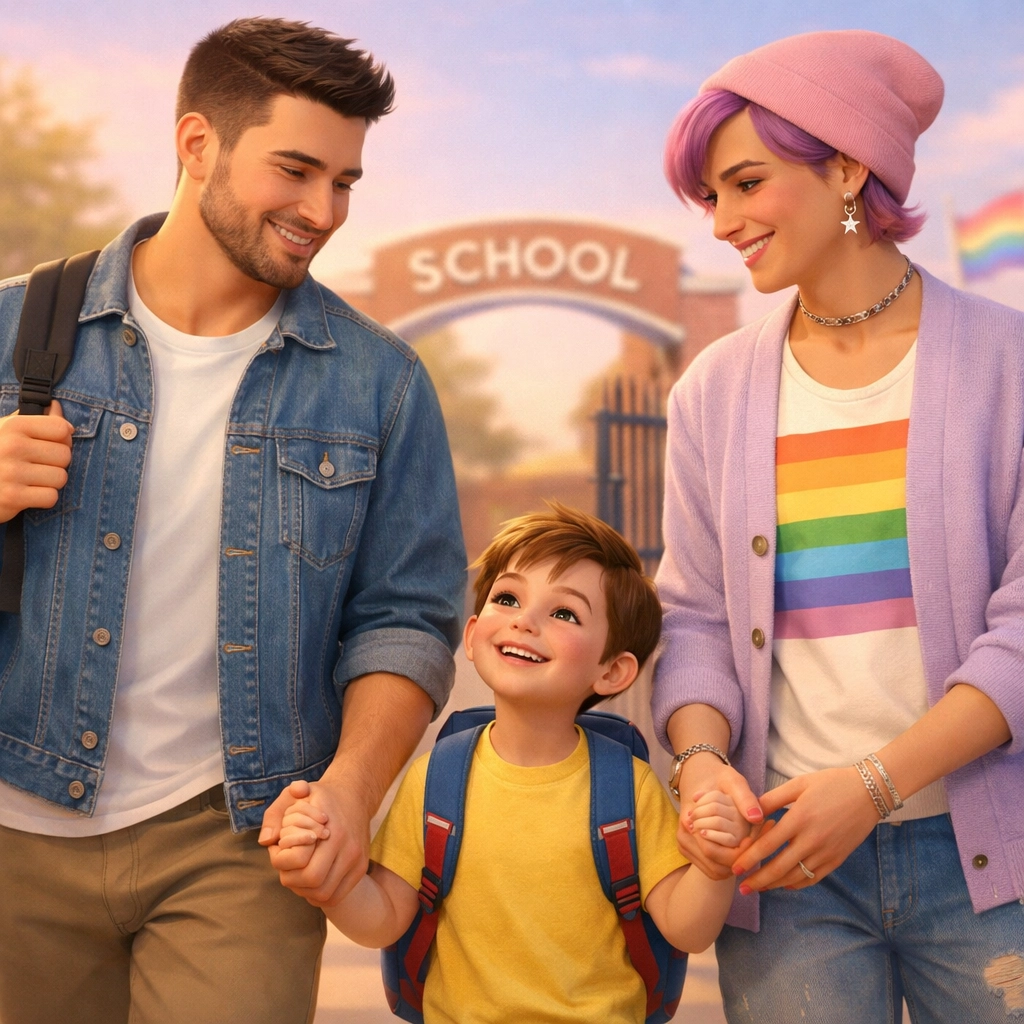 A happy boy walking to school with his two dads, showing pride in his queer family structure.