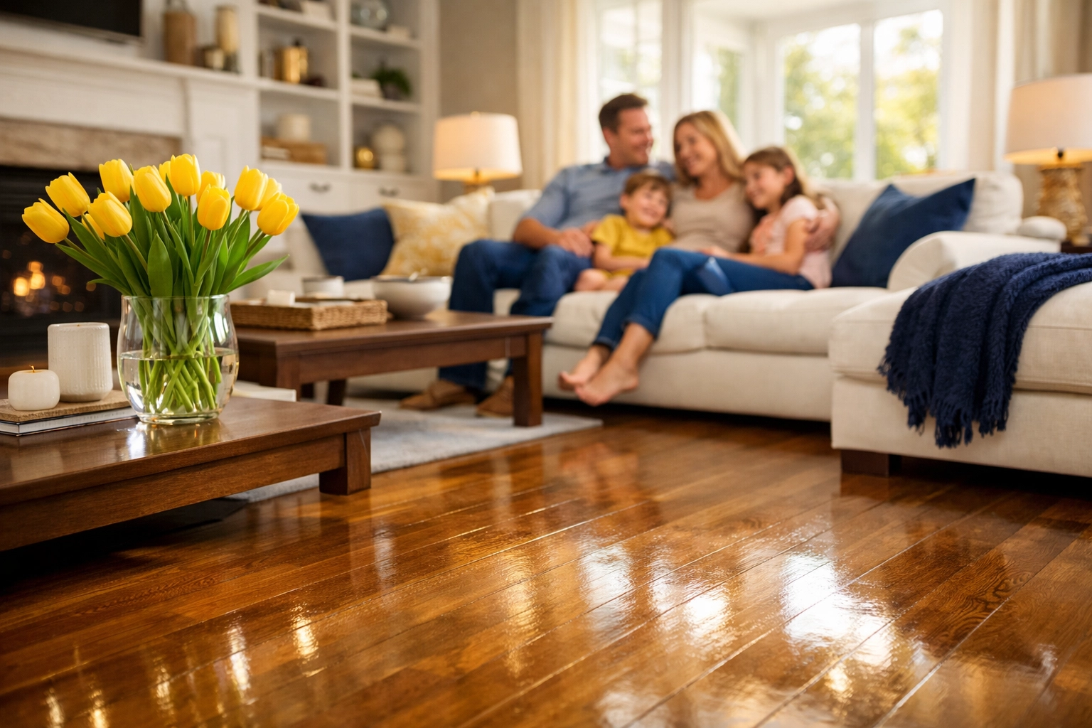 Spotless living room with clean hardwood floors after a professional deep cleaning Marlborough service.