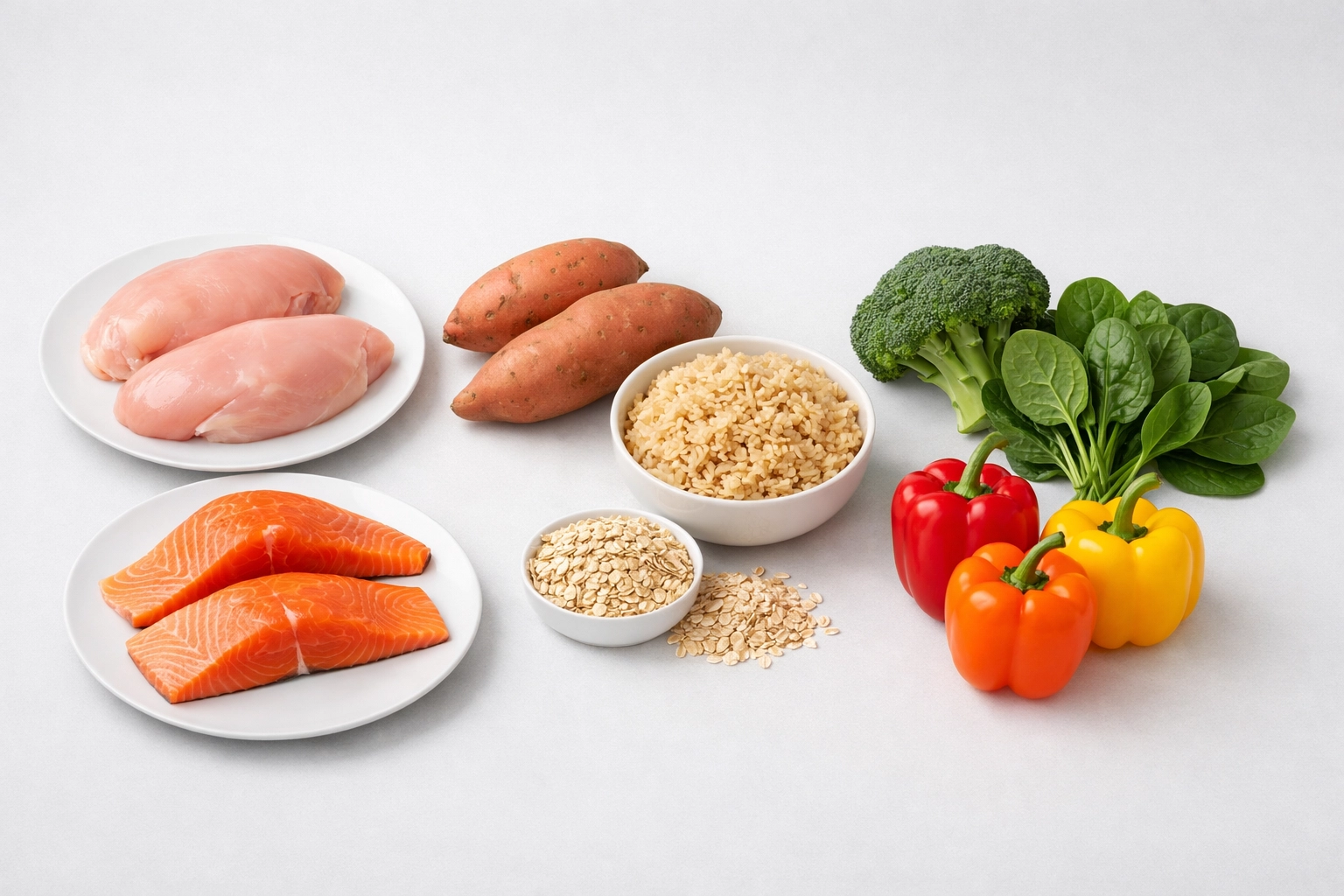 Fresh ingredients for muscle-building meal prep including chicken, salmon, and vegetables