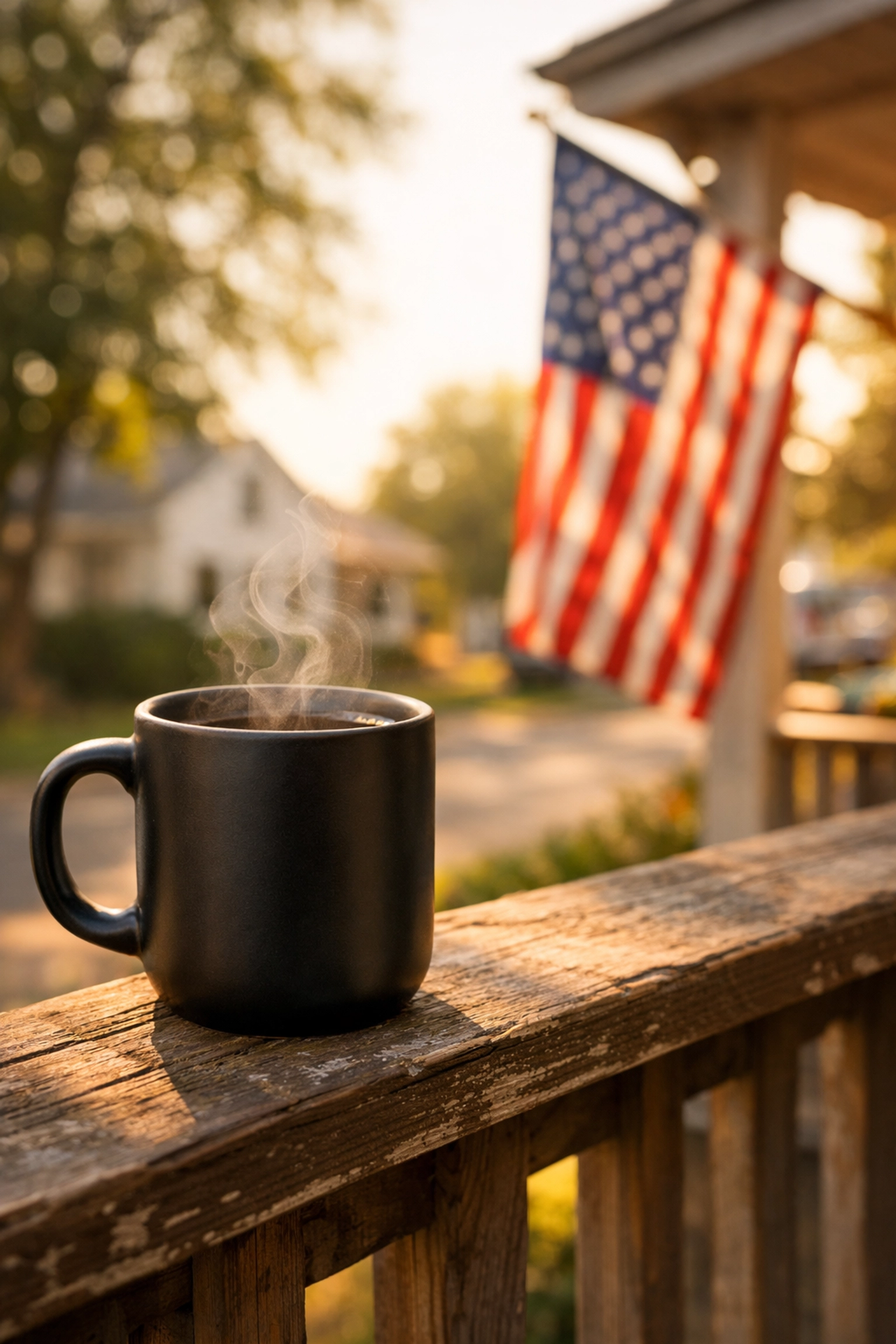 A steaming mug of clean coffee on a porch with an American flag, supporting Toledo heroes.