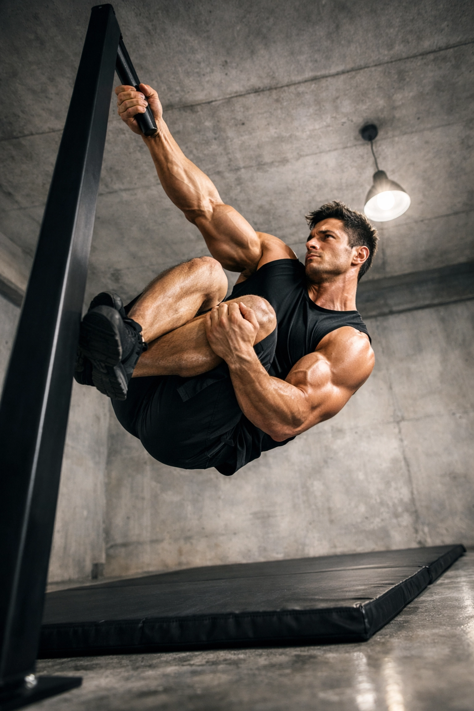 Calisthenics athlete performing a mid-air hold on a floor to ceiling gym rail in a minimalist home.
