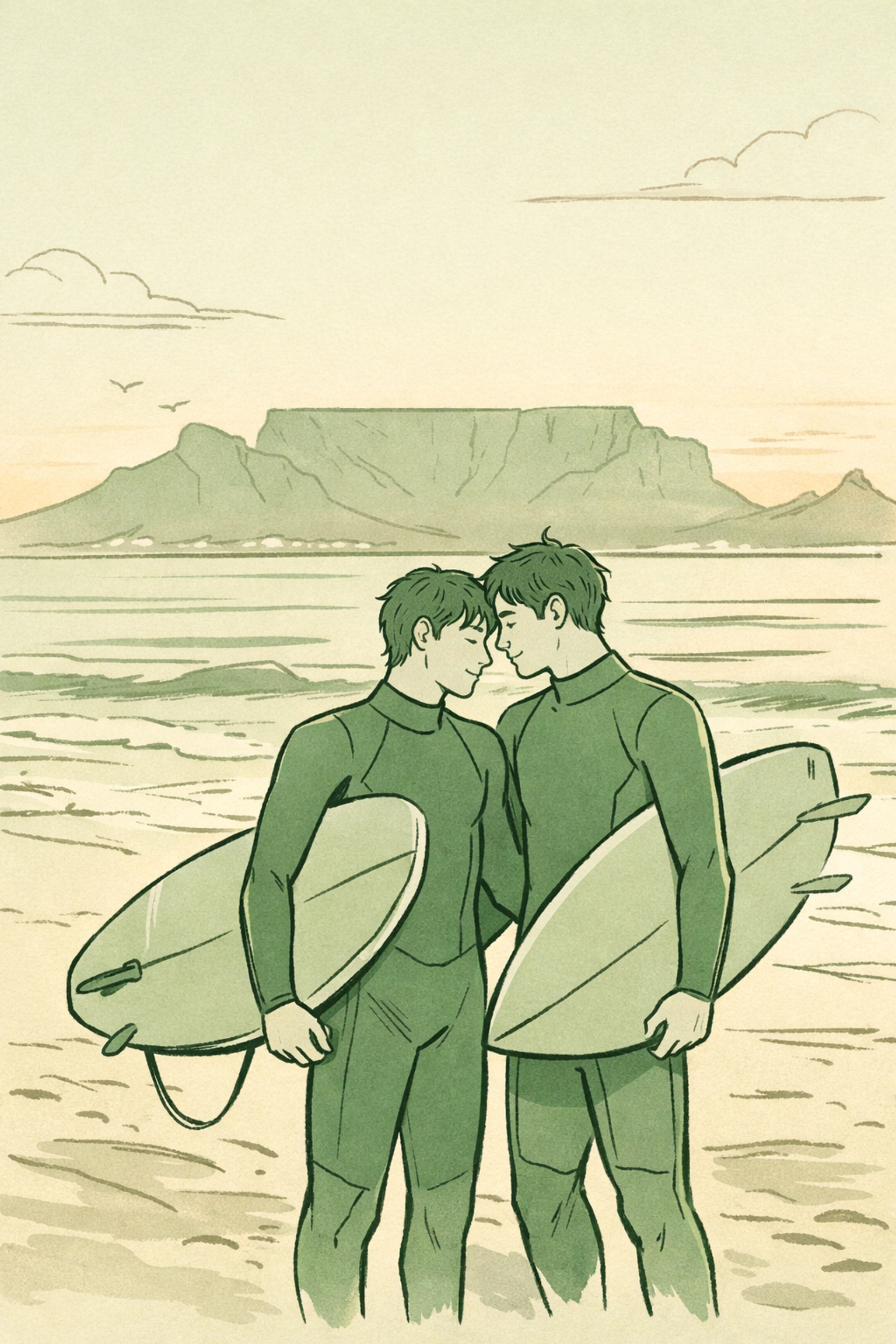 Two step-brothers with surfboards on Cape Town beach - MM romance setting