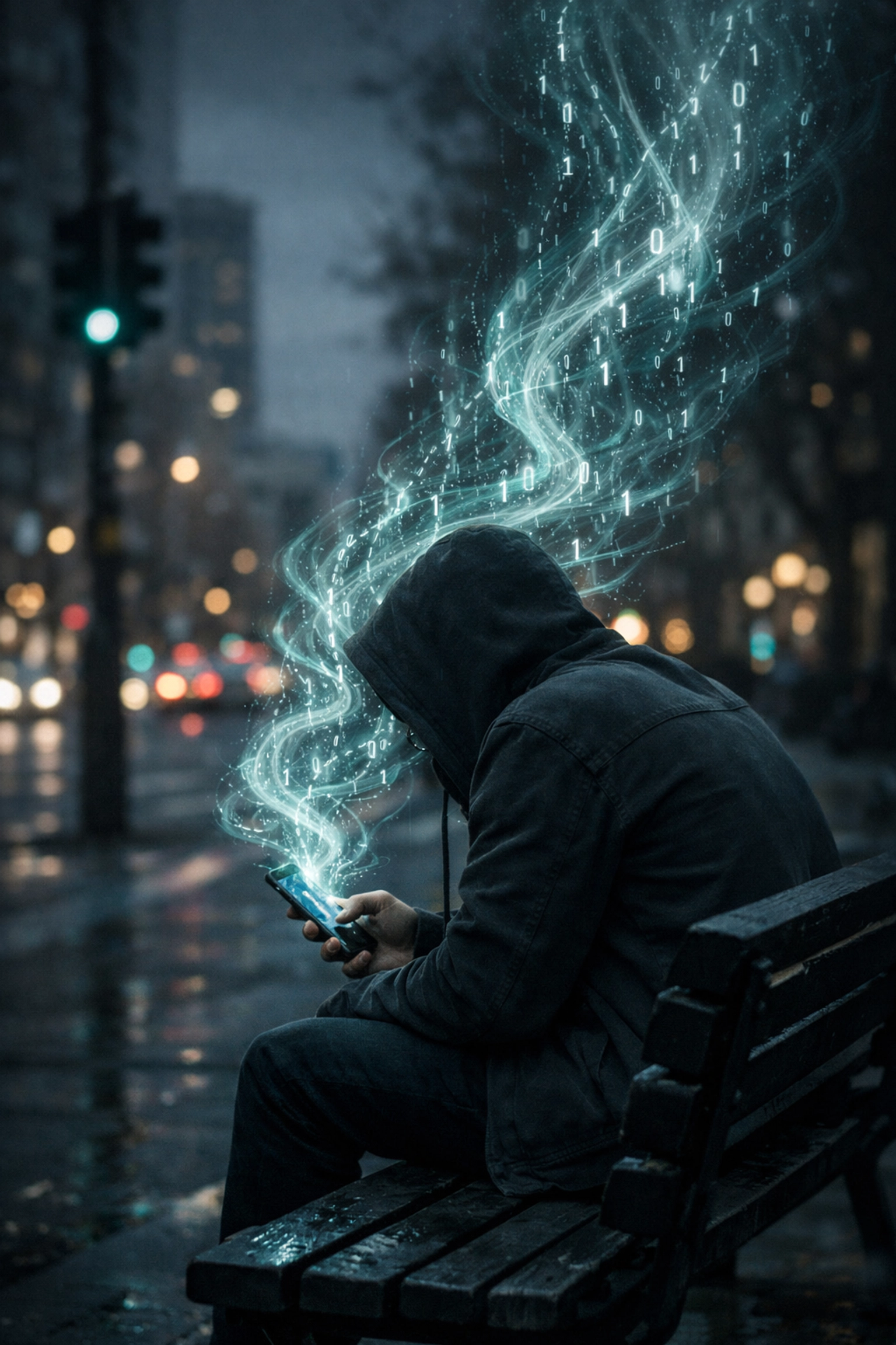 Person sitting on a bench with glowing digital trails showing the mental health impact of digital overload.
