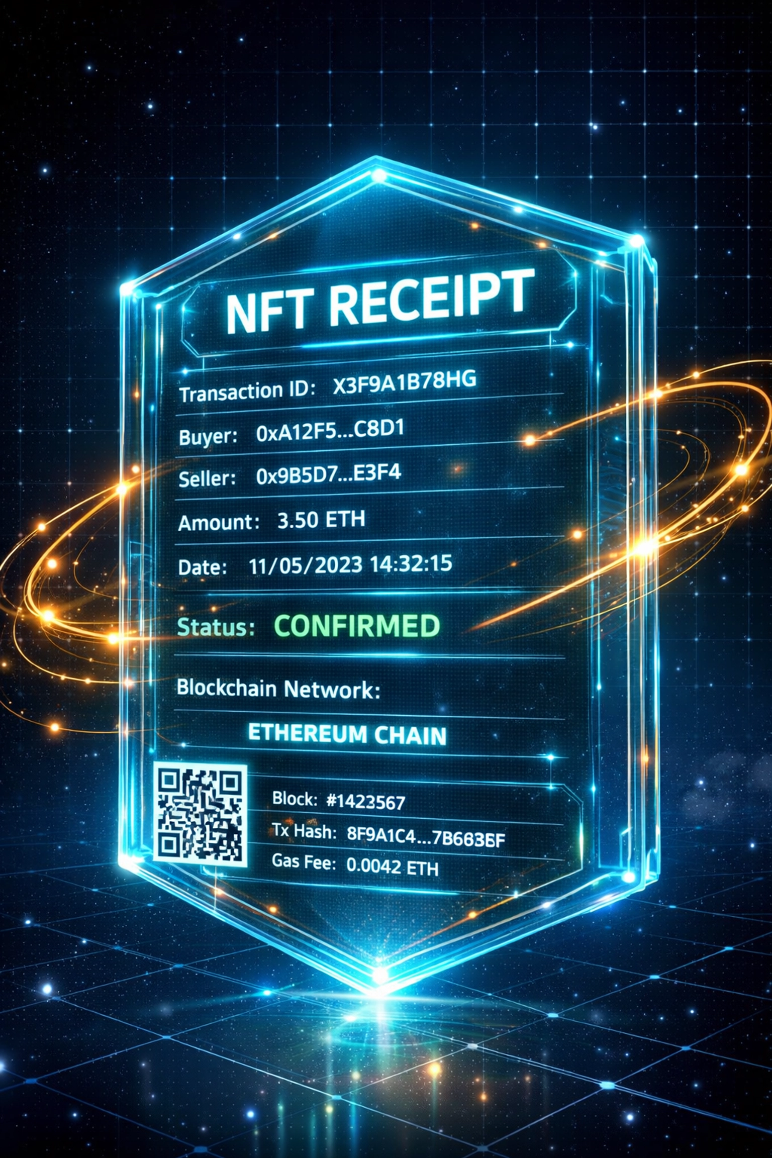 NFT receipt displaying blockchain transaction data and timestamps for automated accounting