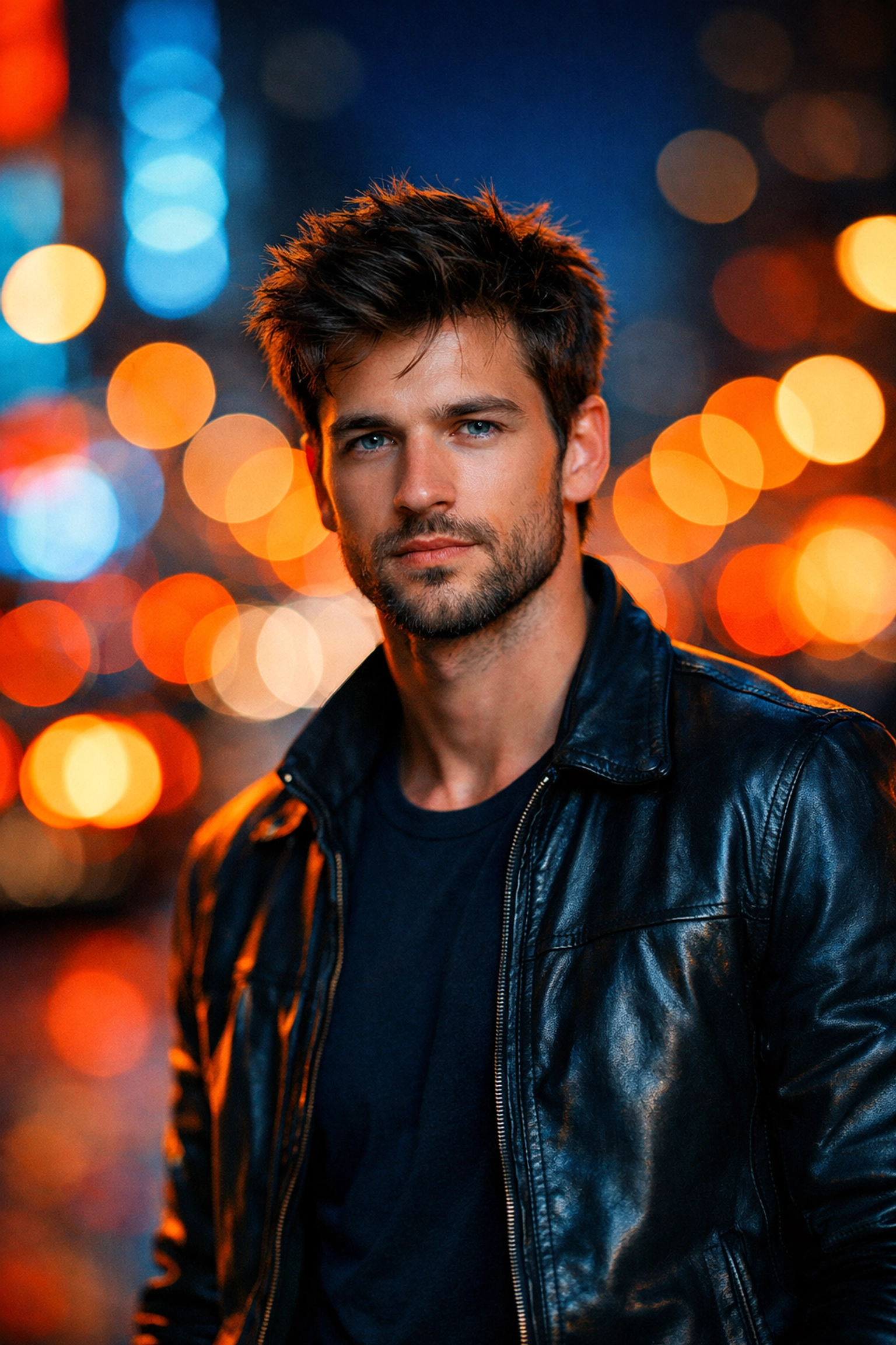 Sharp portrait of a man in a neon city with heavy bokeh, highlighting background separation photography techniques.