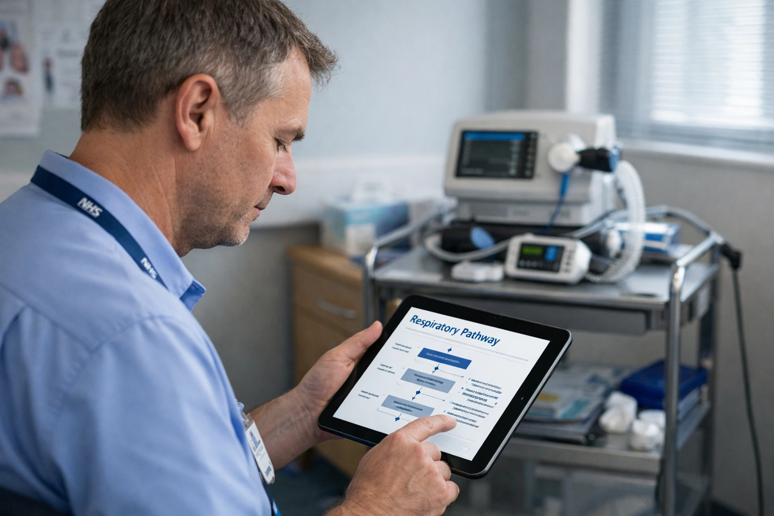 Respiratory specialist reviewing a digital clinical pathway in a standard NHS consultation room.