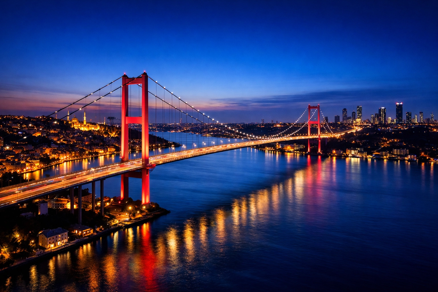 The Bosphorus Bridge in Istanbul at night representing the bridge between international time zones.