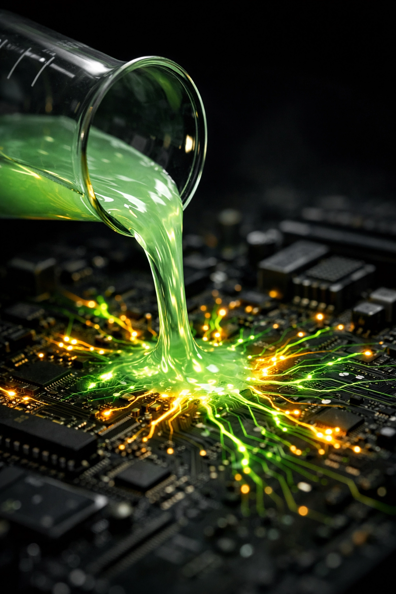 Glowing green link juice being poured onto a digital circuit to boost cannabis website domain authority.