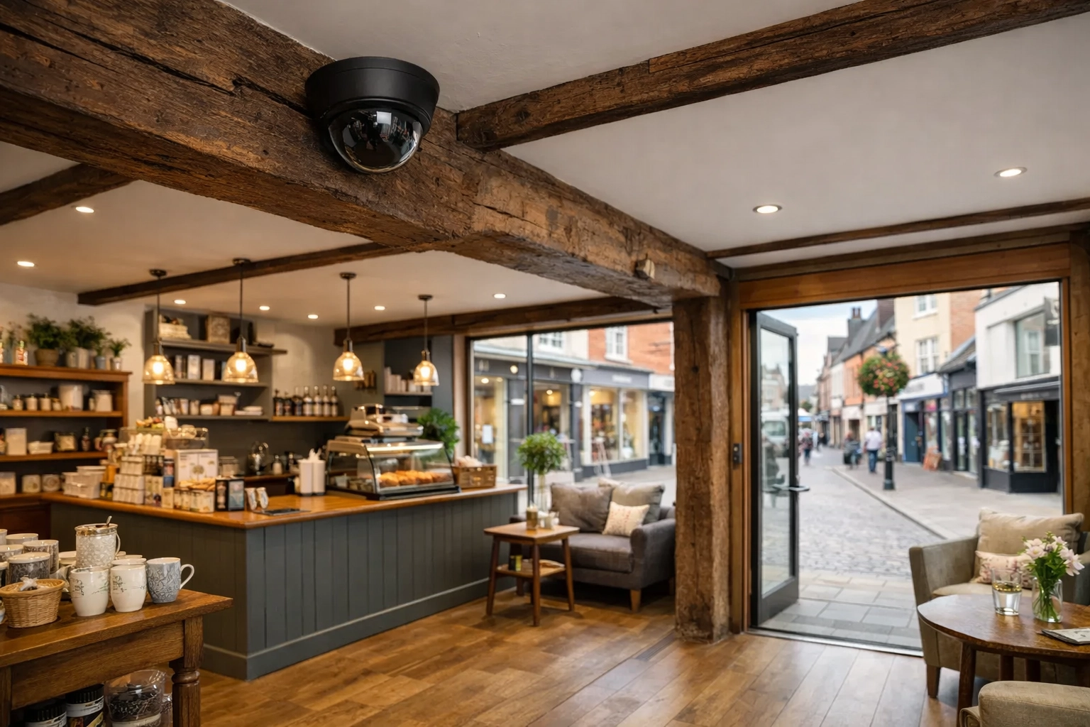 Professional dome security camera installed in a Wincanton business for commercial shop security.