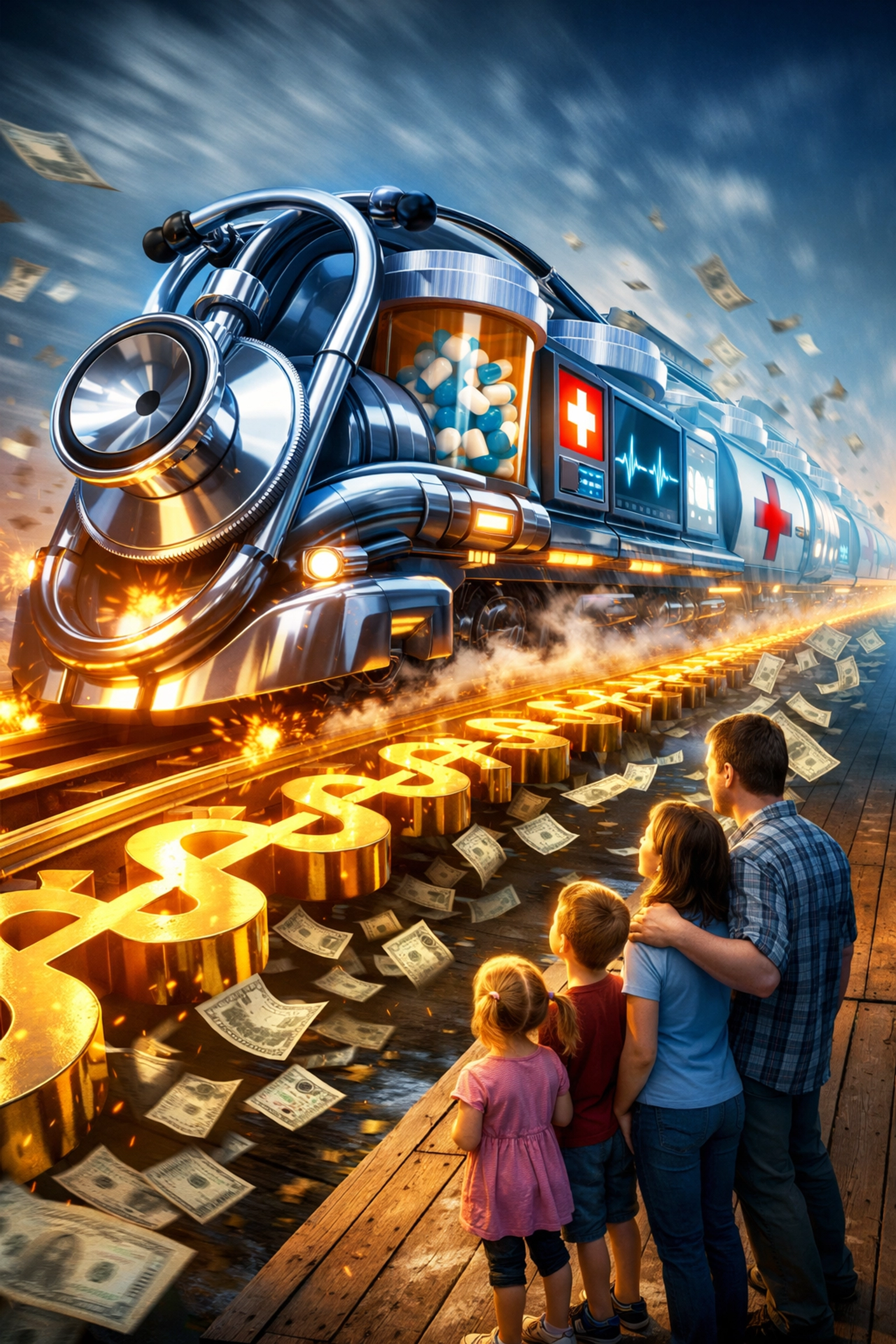 A family watching a fast medical train symbolizing rising healthcare costs and household debt.