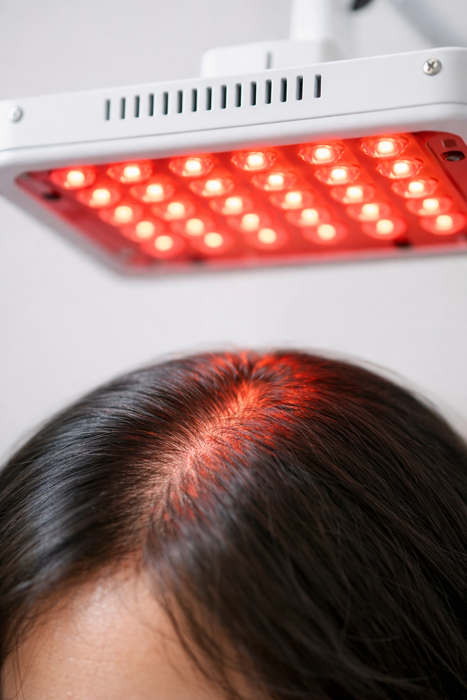 Red light therapy device positioned over scalp stimulating hair follicles for natural hair growth