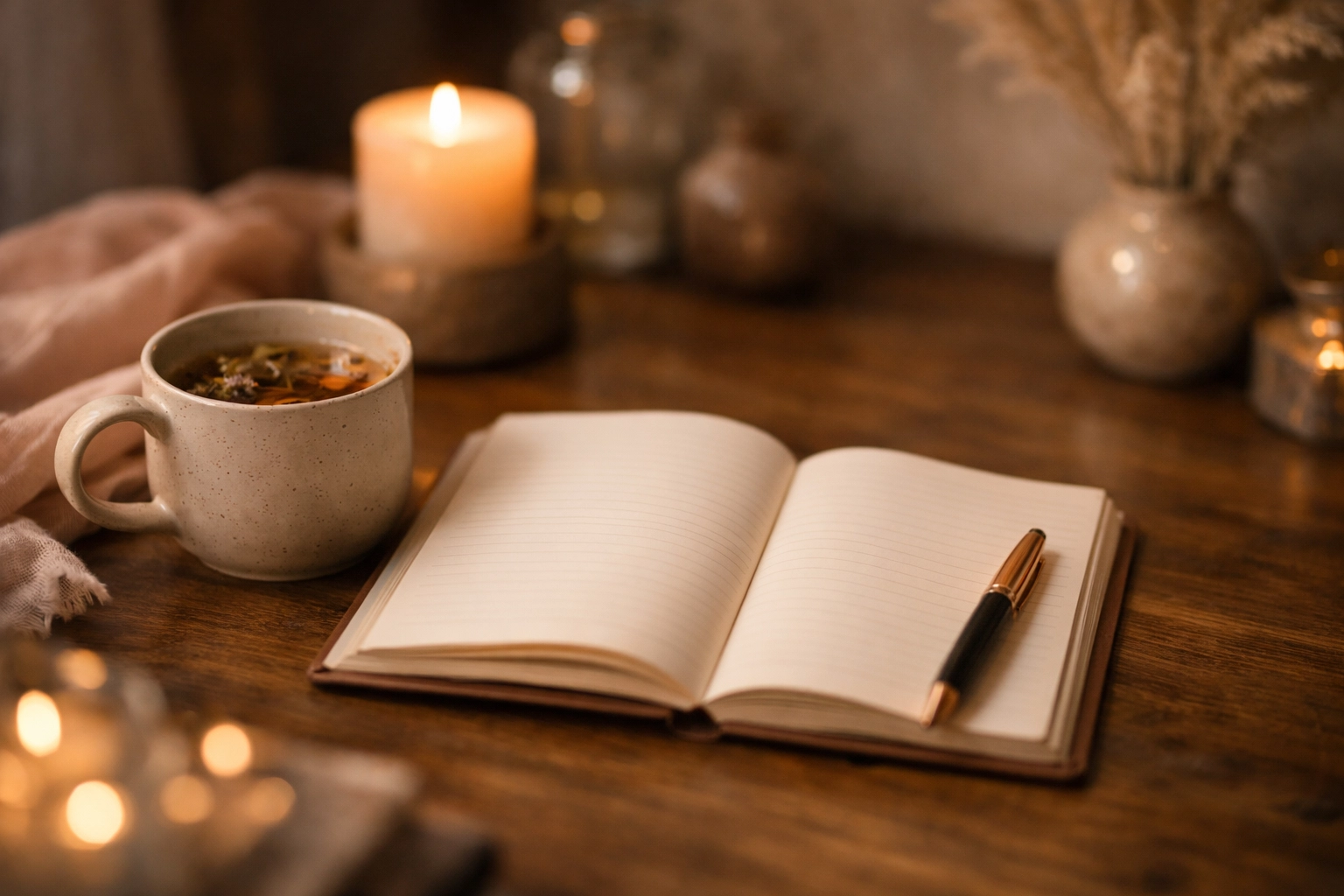 Cozy desk with journal and tea