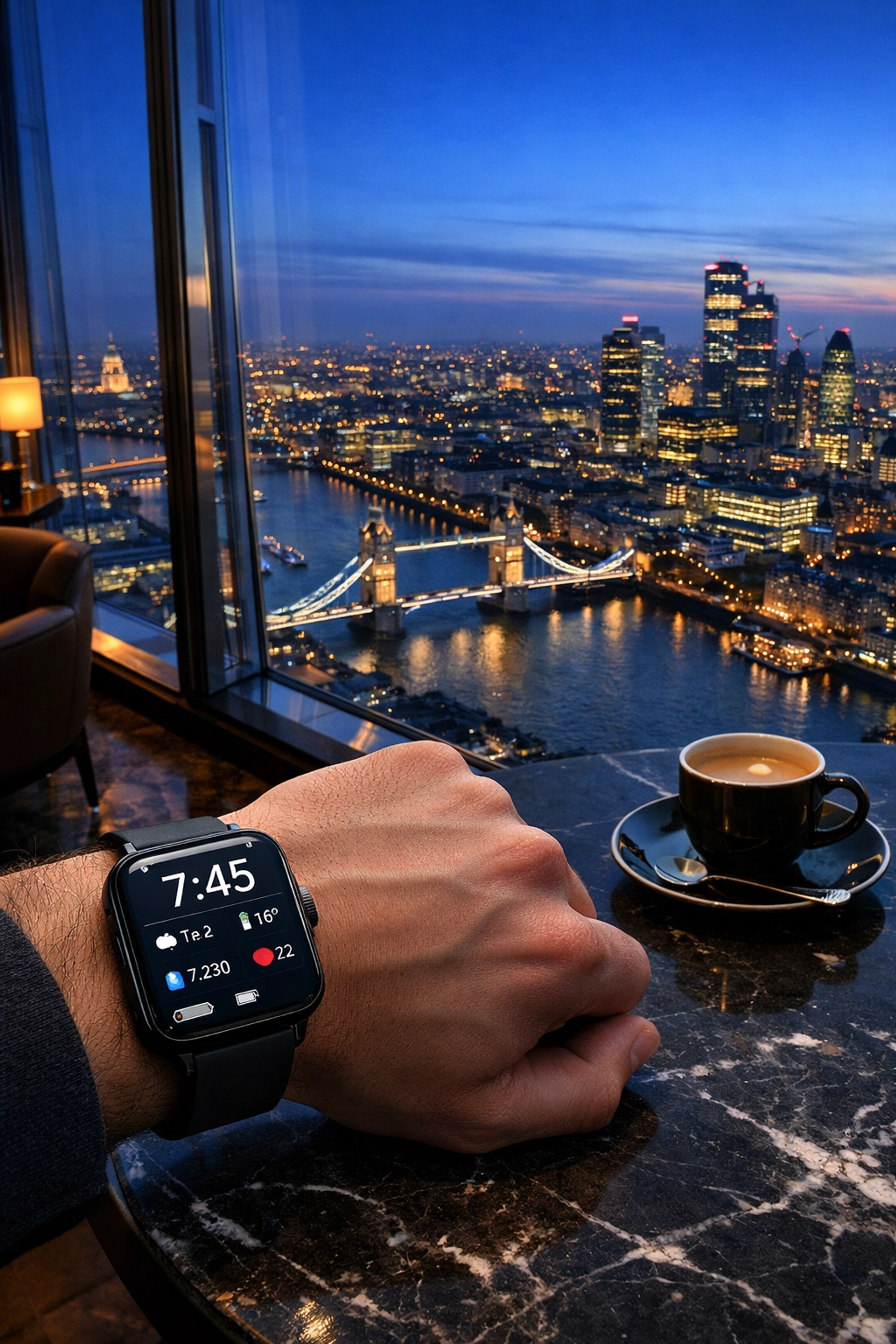 Professional checking local London time on a smartwatch with a view of the skyline from The Shard.