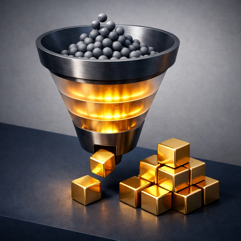 Funnel illustration showing ad spend converting to high-value units in a financial model for startups.