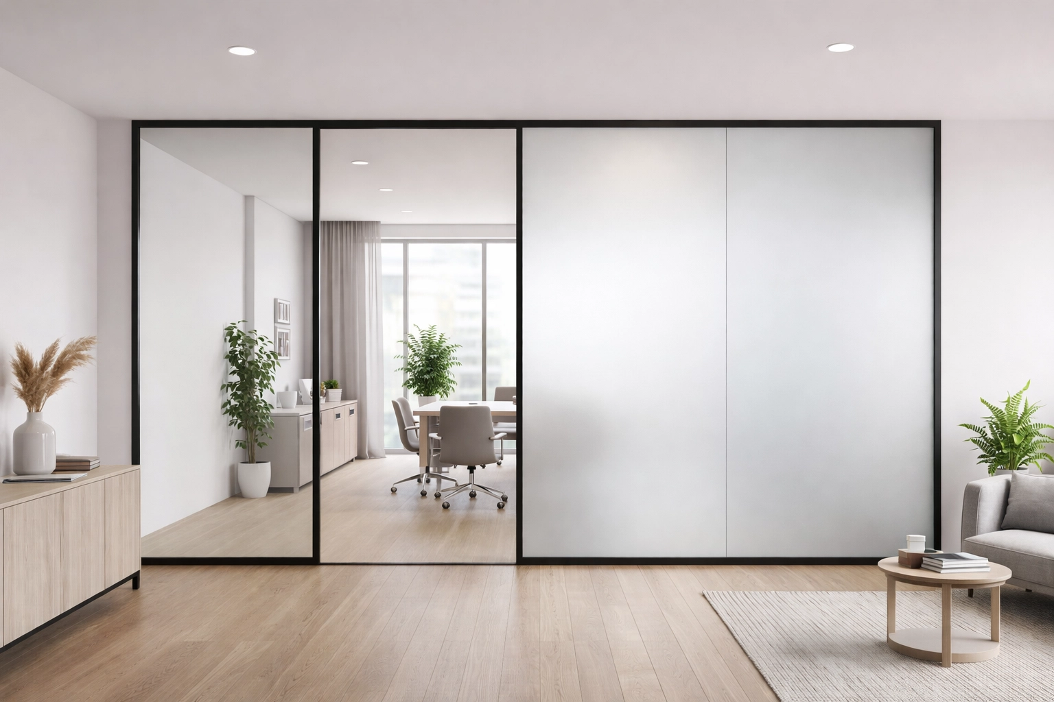 [FOOTER] Modern office smart glass—one panel clear, one panel frosted