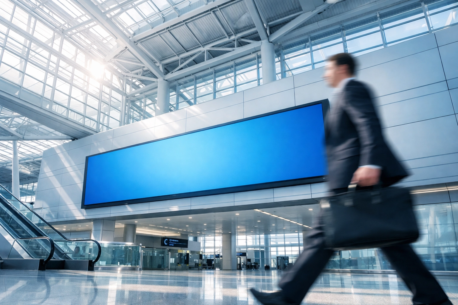 Large digital billboard in a modern airport terminal reaching global business travelers.