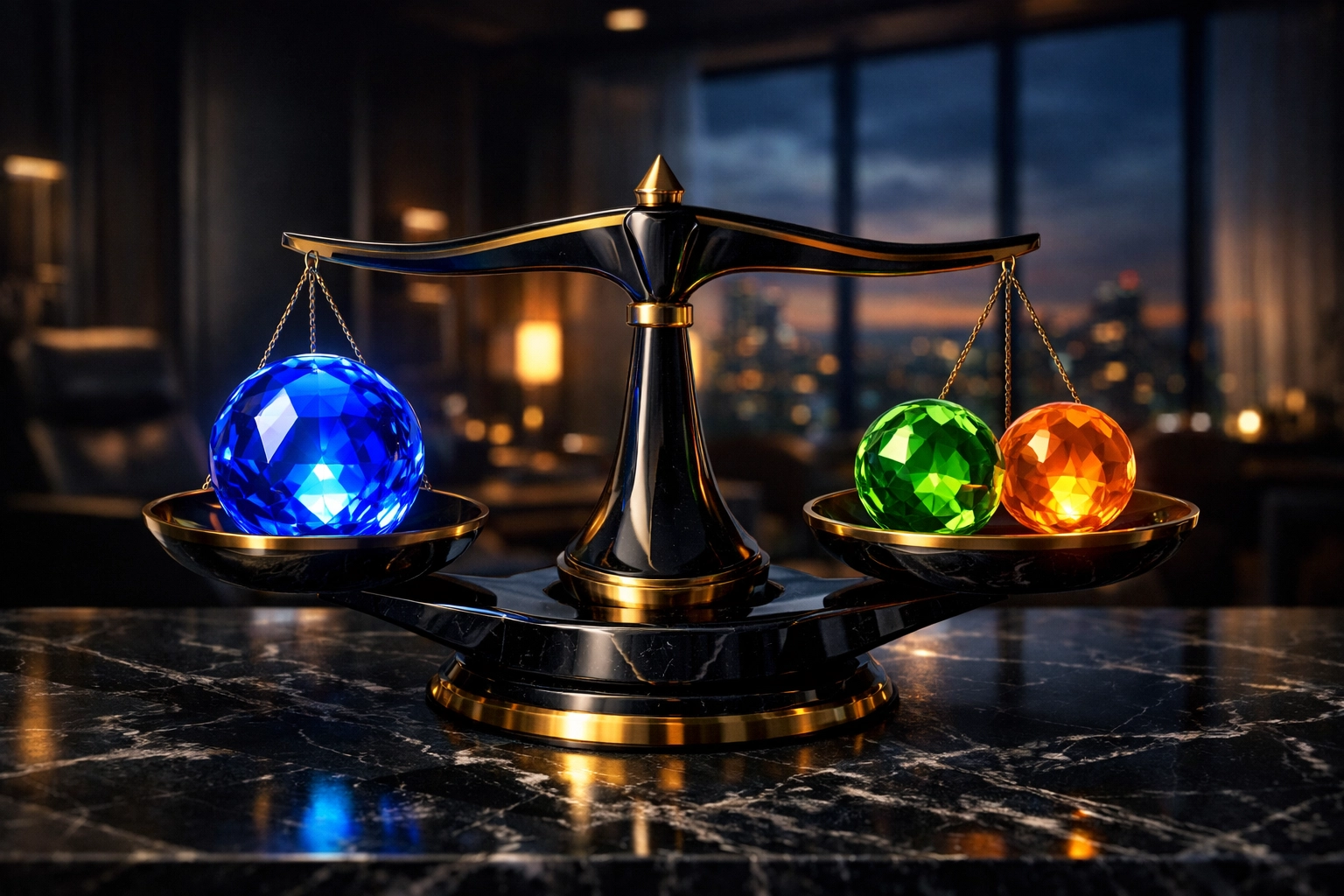 Balanced gold scale representing the 40/30/30 institutional asset allocation model in a luxury office.