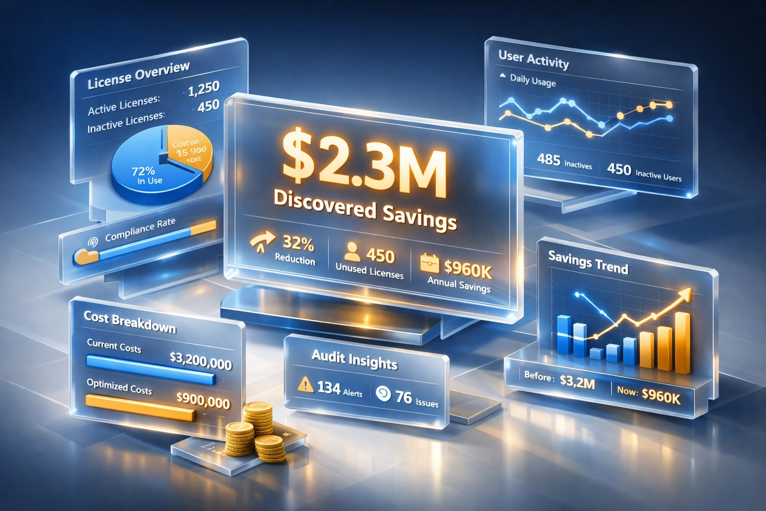 ServiceNow ROI audit dashboard revealing $2.3M in ITOM license and operational savings