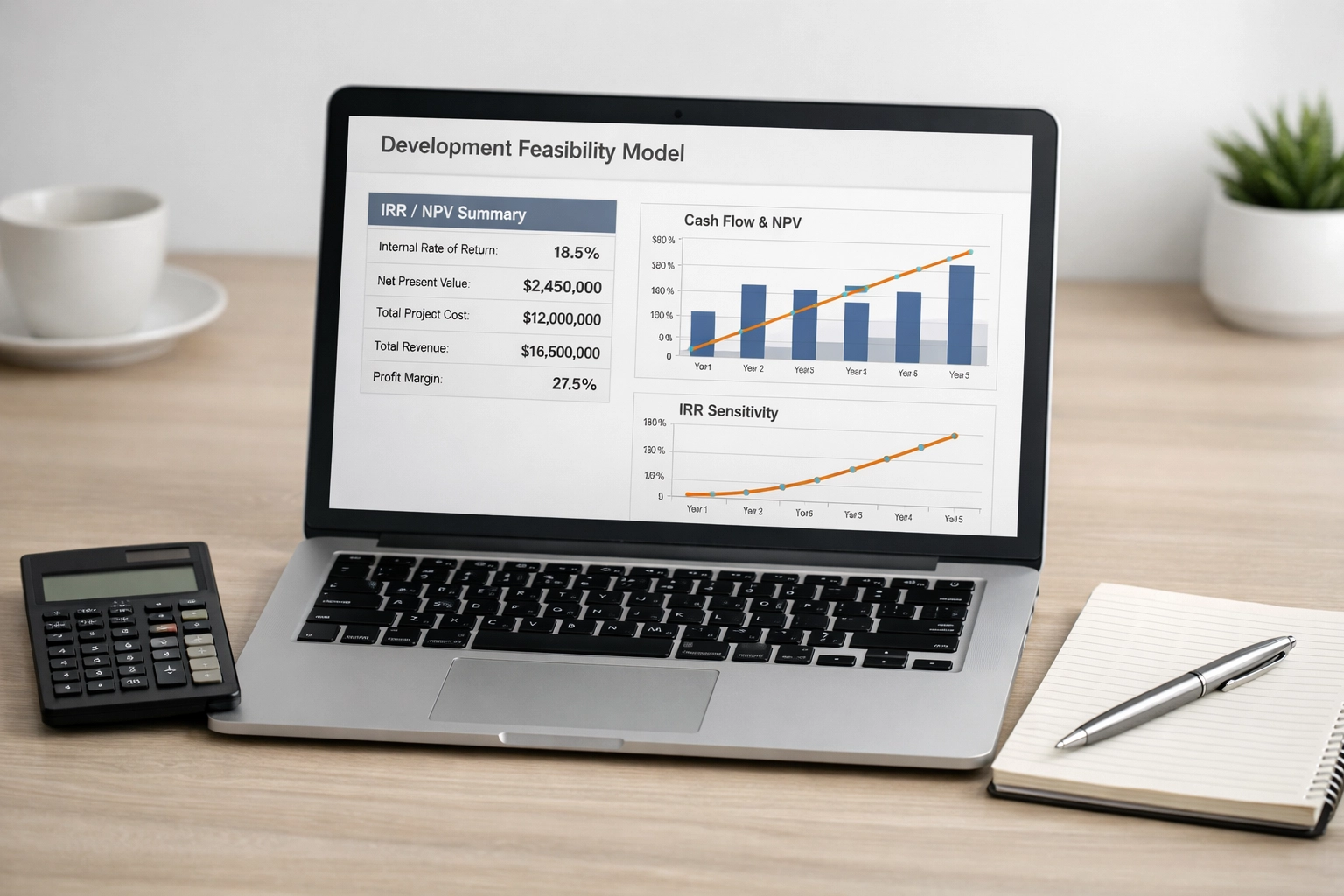 Laptop showing a development feasibility financial model with simple charts beside a calculator.