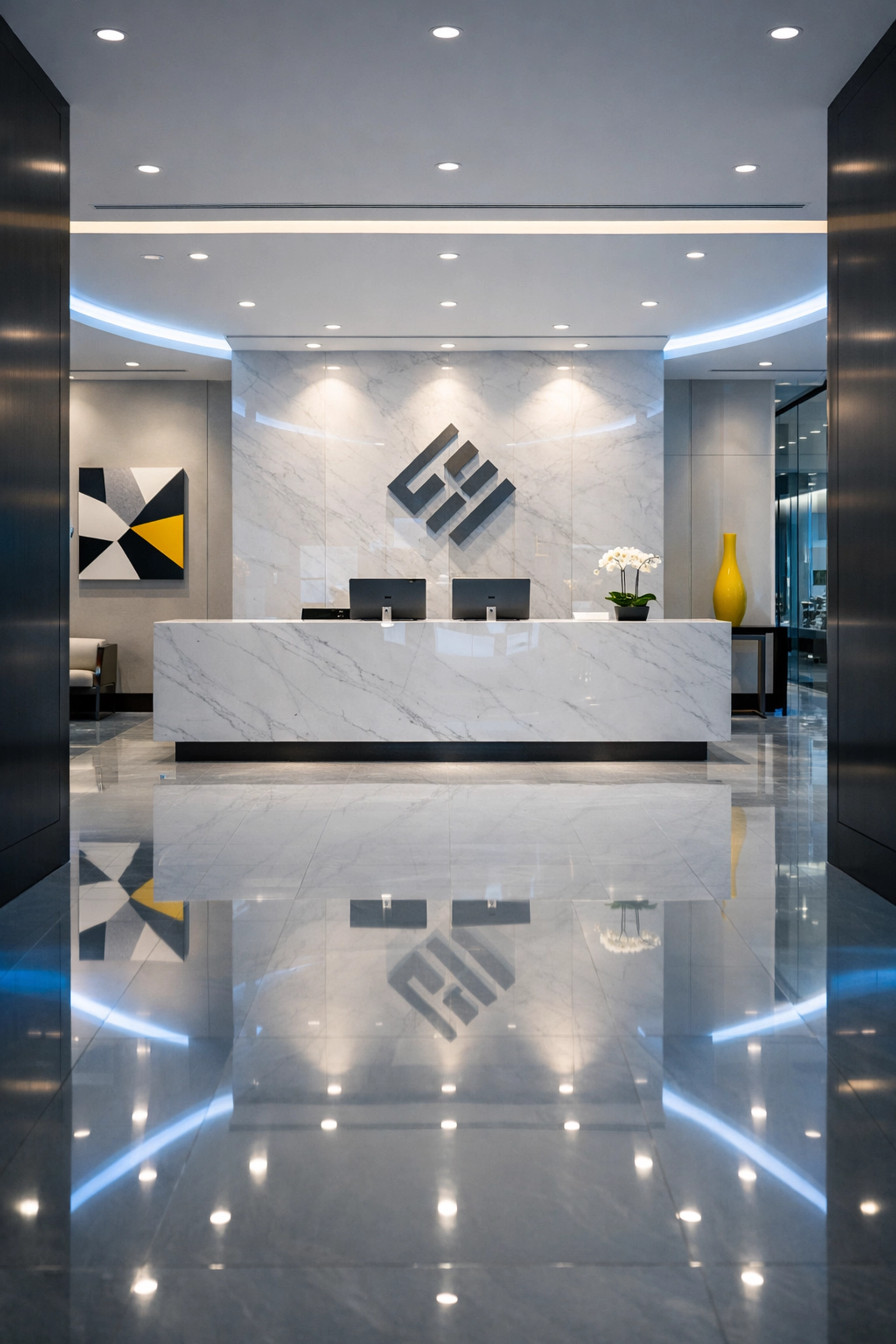 Pristine corporate reception area in Maynard, MA, maintained by expert commercial cleaning services.