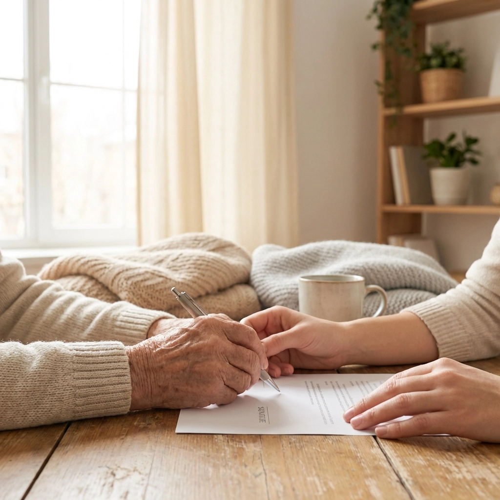 Elderly person signing legal documents at home with assistance from a mobile notary service.