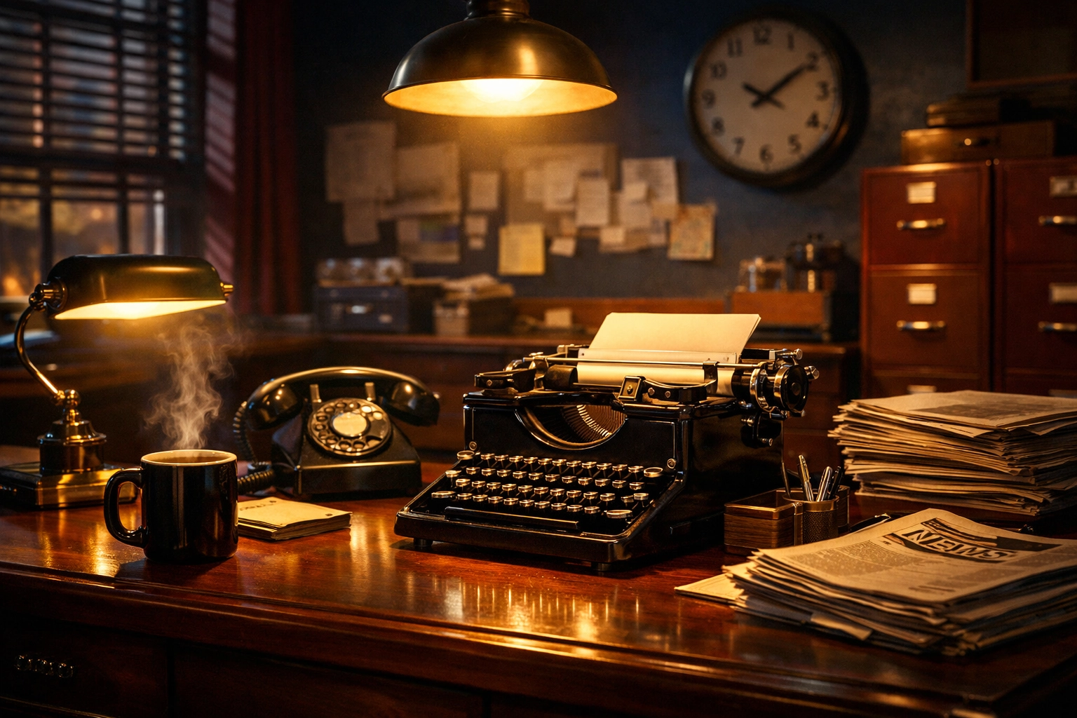 Vintage newsroom desk with lamp and coffee symbolizing peaceful evening news through biblical lens