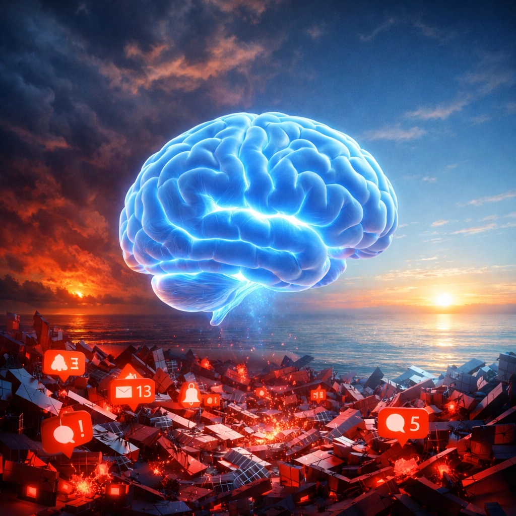 A human brain glowing with blue light finding clarity amidst chaotic digital stress signals and anxiety.