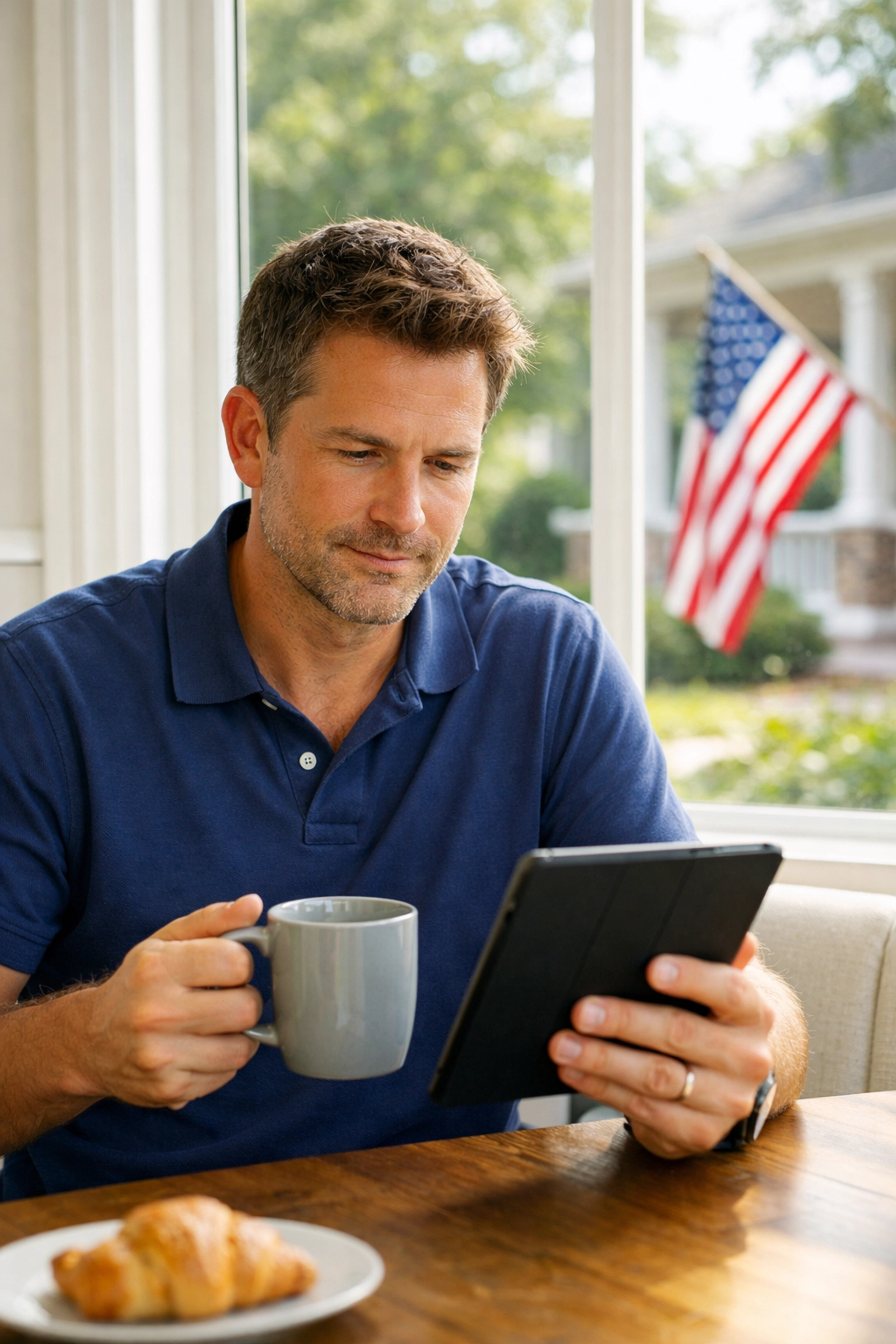 Why the Daily CEO Letter Will Change the Way You Prepare for America’s 250th A man reading the Daily CEO Letter on a tablet near an American flag, focusing on civic leadership.