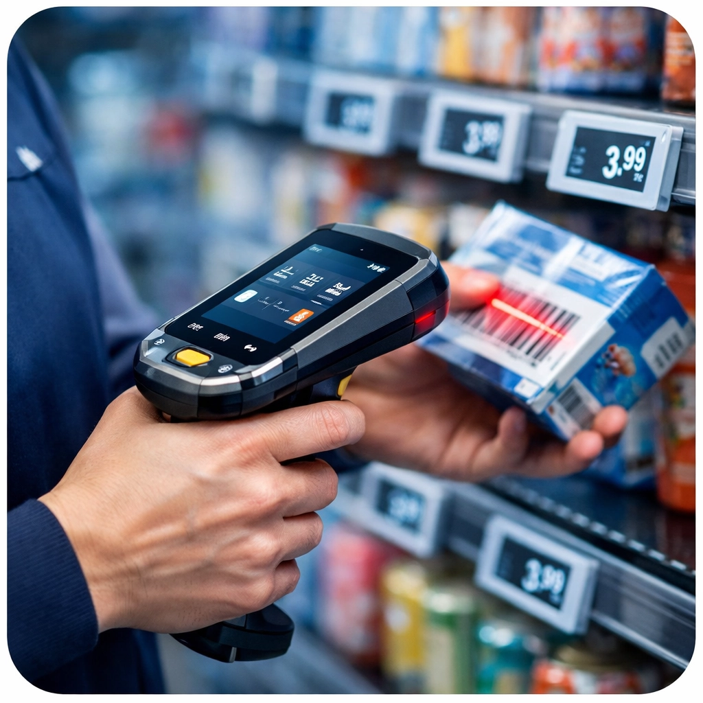 Retail staff using handheld scanner in supermarket requiring reliable WiFi connectivity