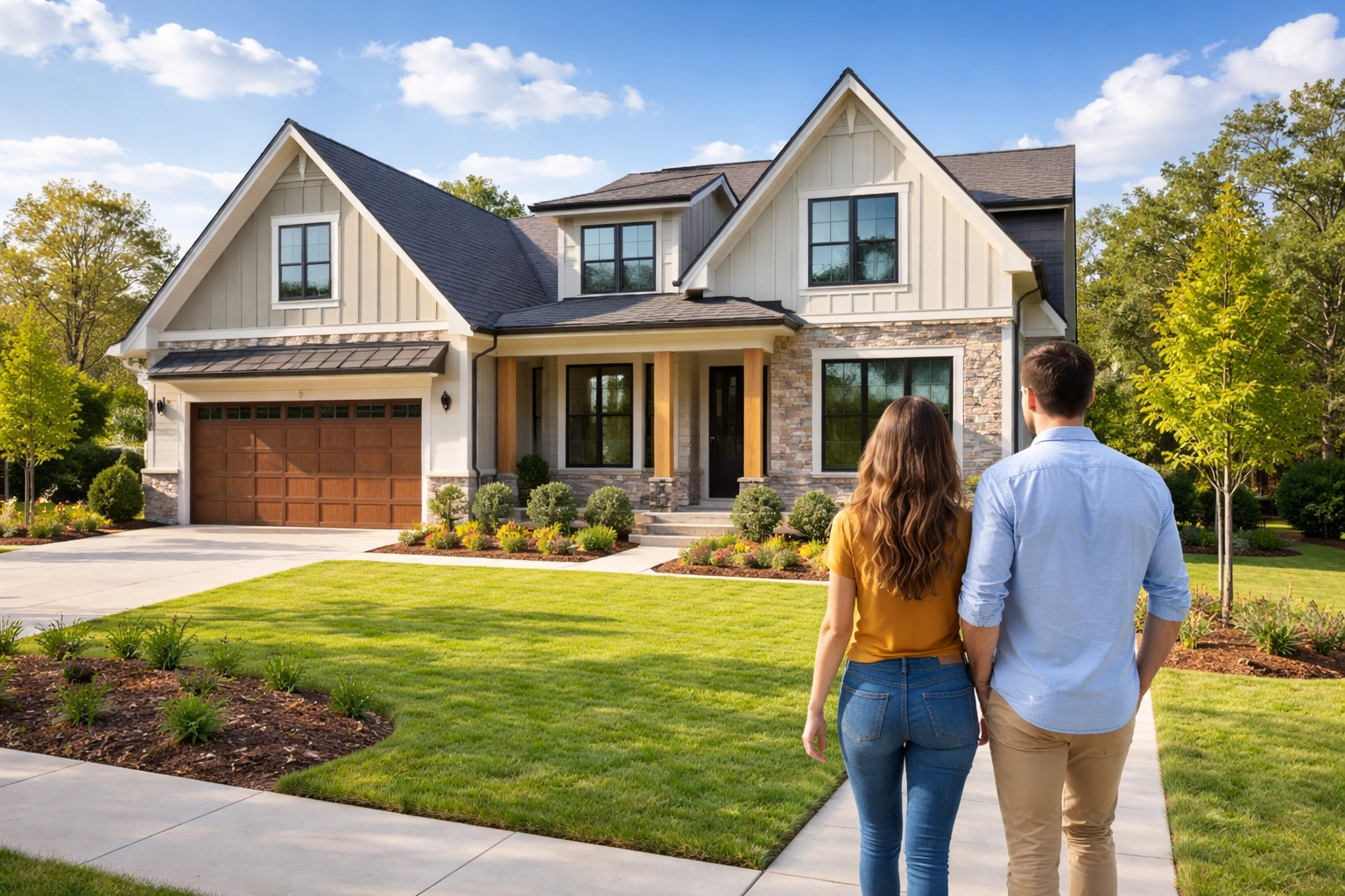 Modern suburban Georgia home in Mulberry with professional couple arriving, showcasing new home optimism