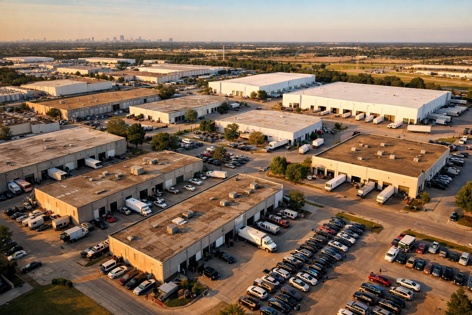 Aerial view of Dallas-Fort Worth industrial park showing Class A, B, and C flex buildings