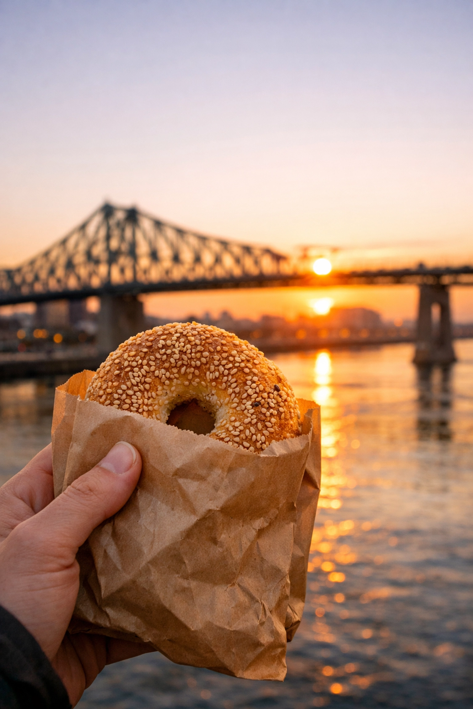 A fresh Montreal bagel at sunrise with the Jacques-Cartier Bridge in the background after a night out.