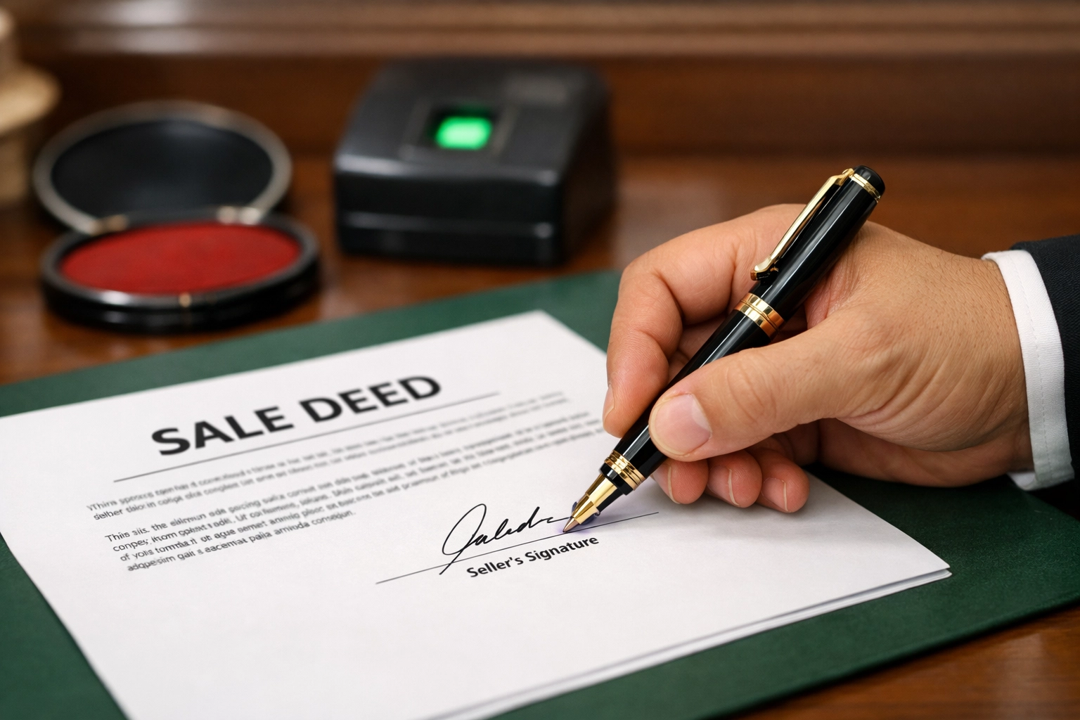 Signing a Sale Deed at the Sub-Registrar office with biometric verification for secure property registration in India.