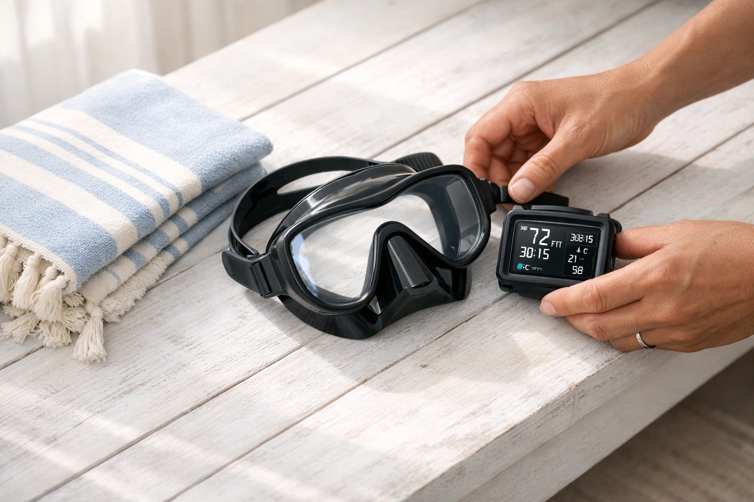 Organizing high-end scuba diving gear and a dive computer for a safe, luxury underwater adventure.