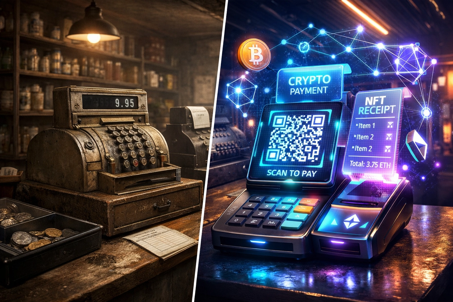 Traditional payment systems versus modern crypto payment terminals with NFT receipts