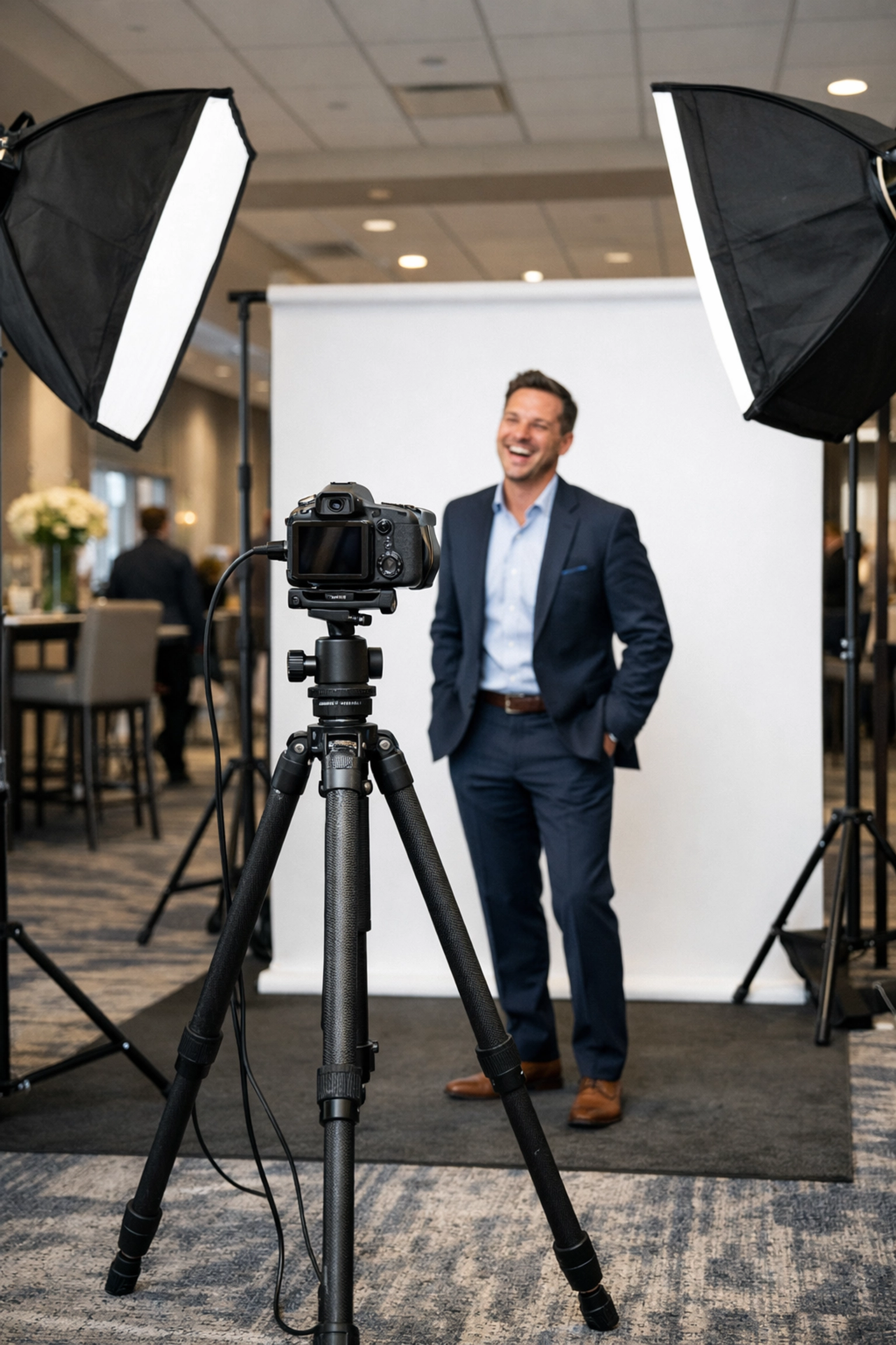 Professional headshot photographer Miami setup with studio lights for corporate event portraits.