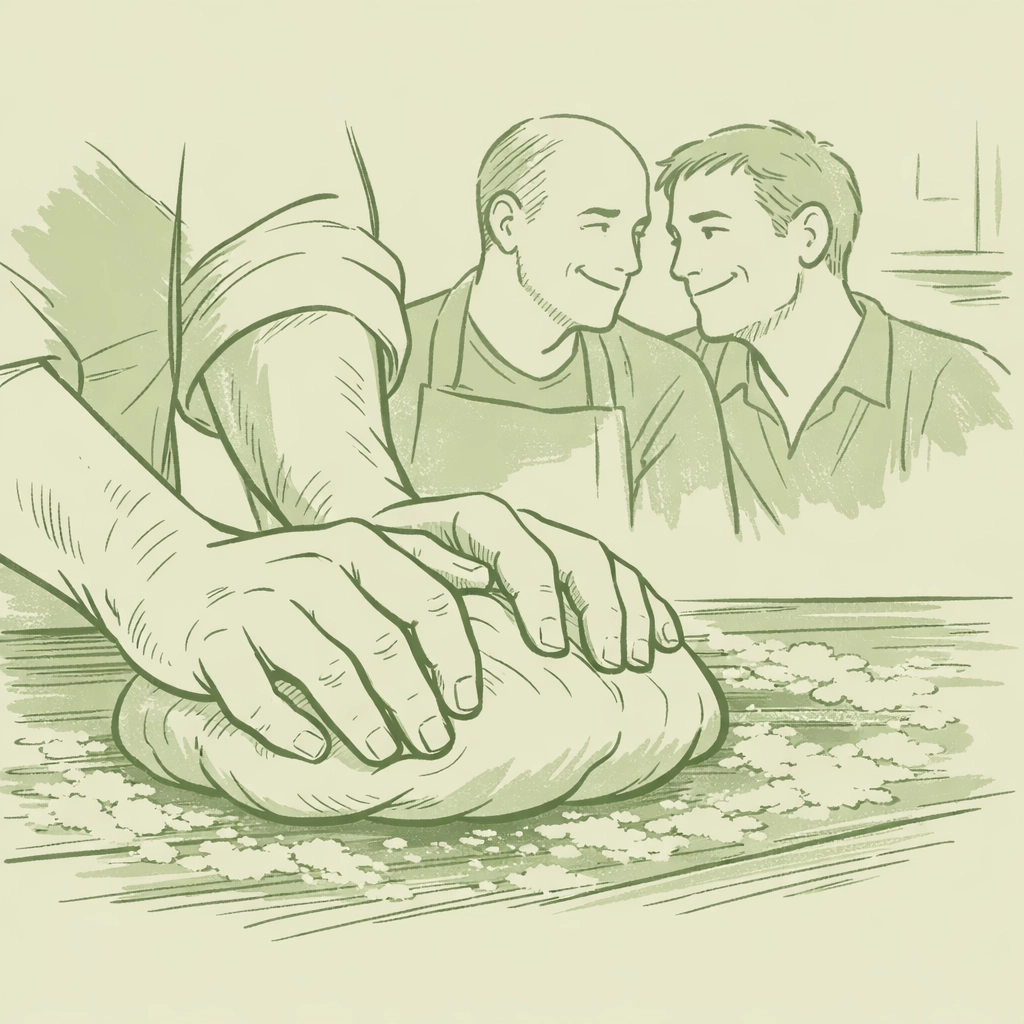 Men kneading bread dough in MM romance story about healing through cooking