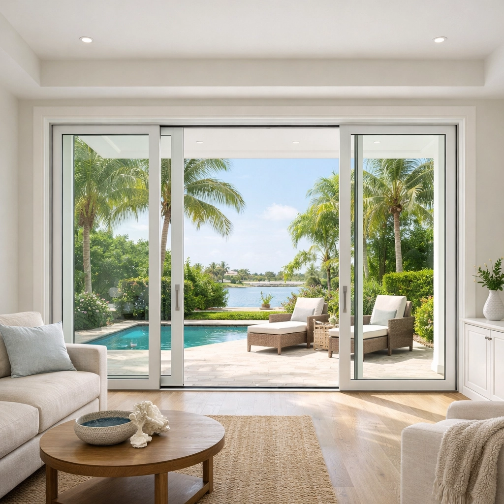 Bright interior addition with energy-efficient impact glass doors and modern Florida living room design.