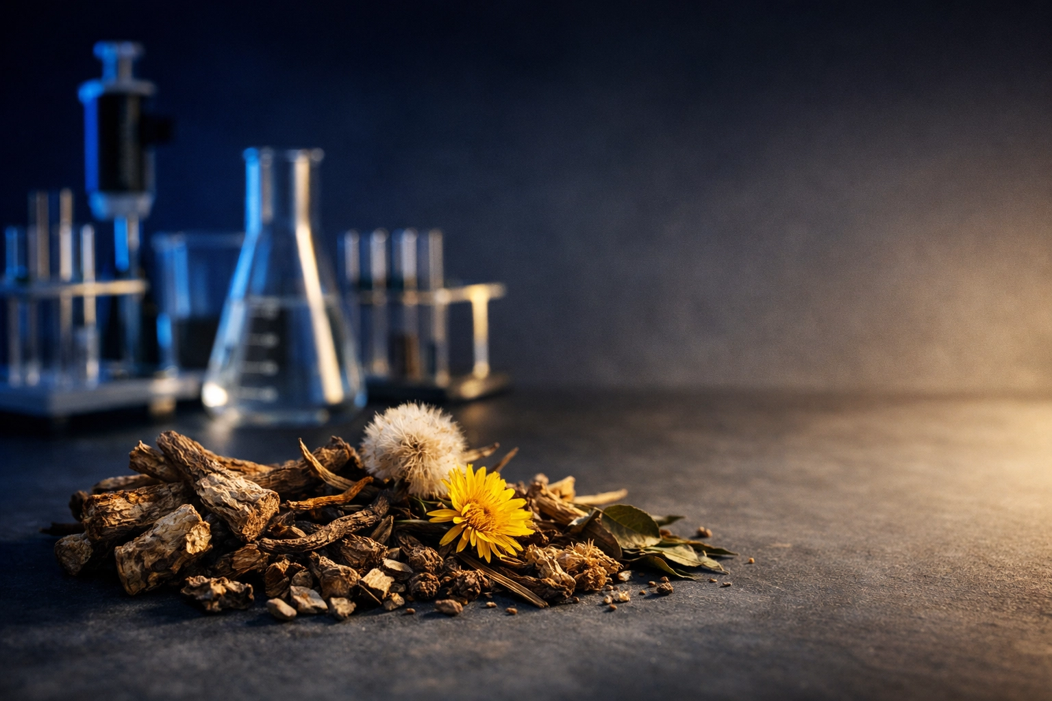 Ancient botanical ingredients like gentian root meet modern laboratory equipment in wellness innovation