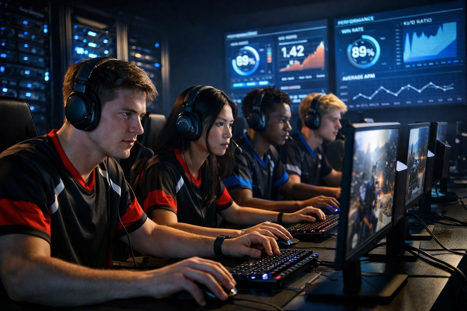 Young professionals in esports training facility developing cloud computing and AI technology skills
